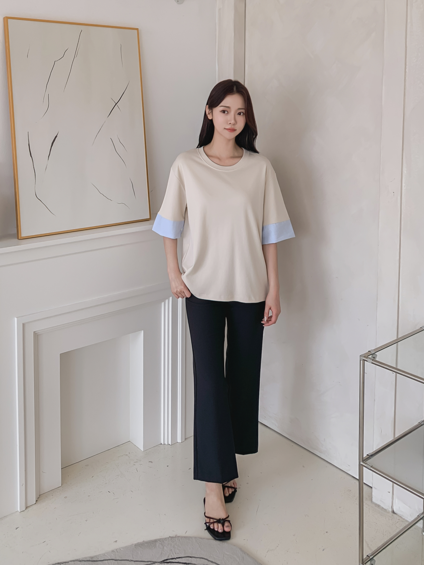 コンビ配色ラウンドネックボクシールーズ半袖Tシャツ | 詳細画像2