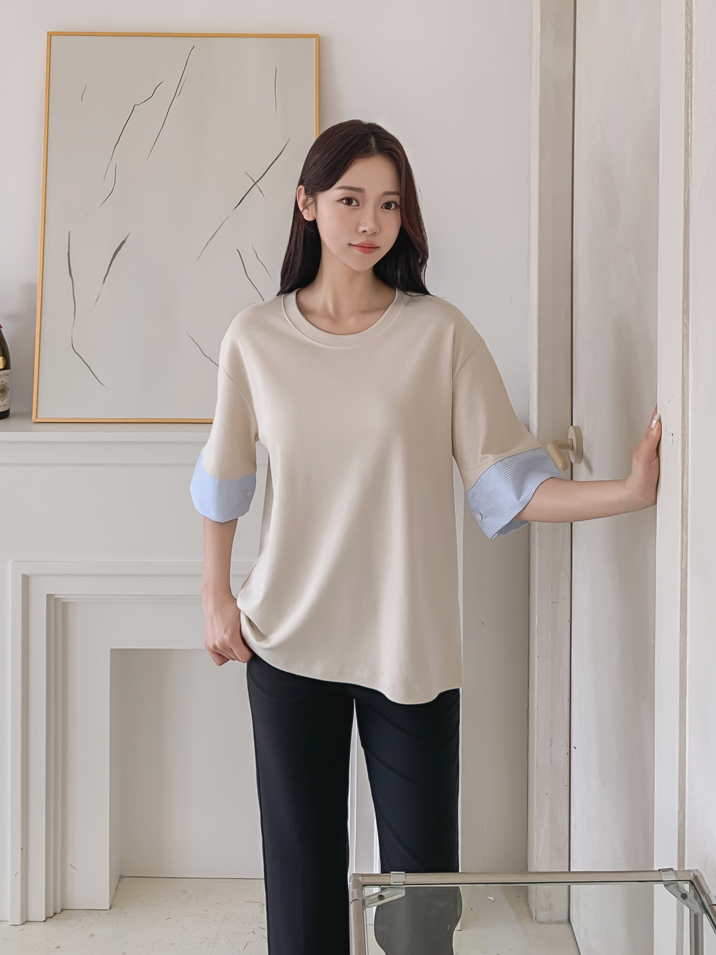 コンビ配色ラウンドネックボクシールーズ半袖Tシャツ | 詳細画像4