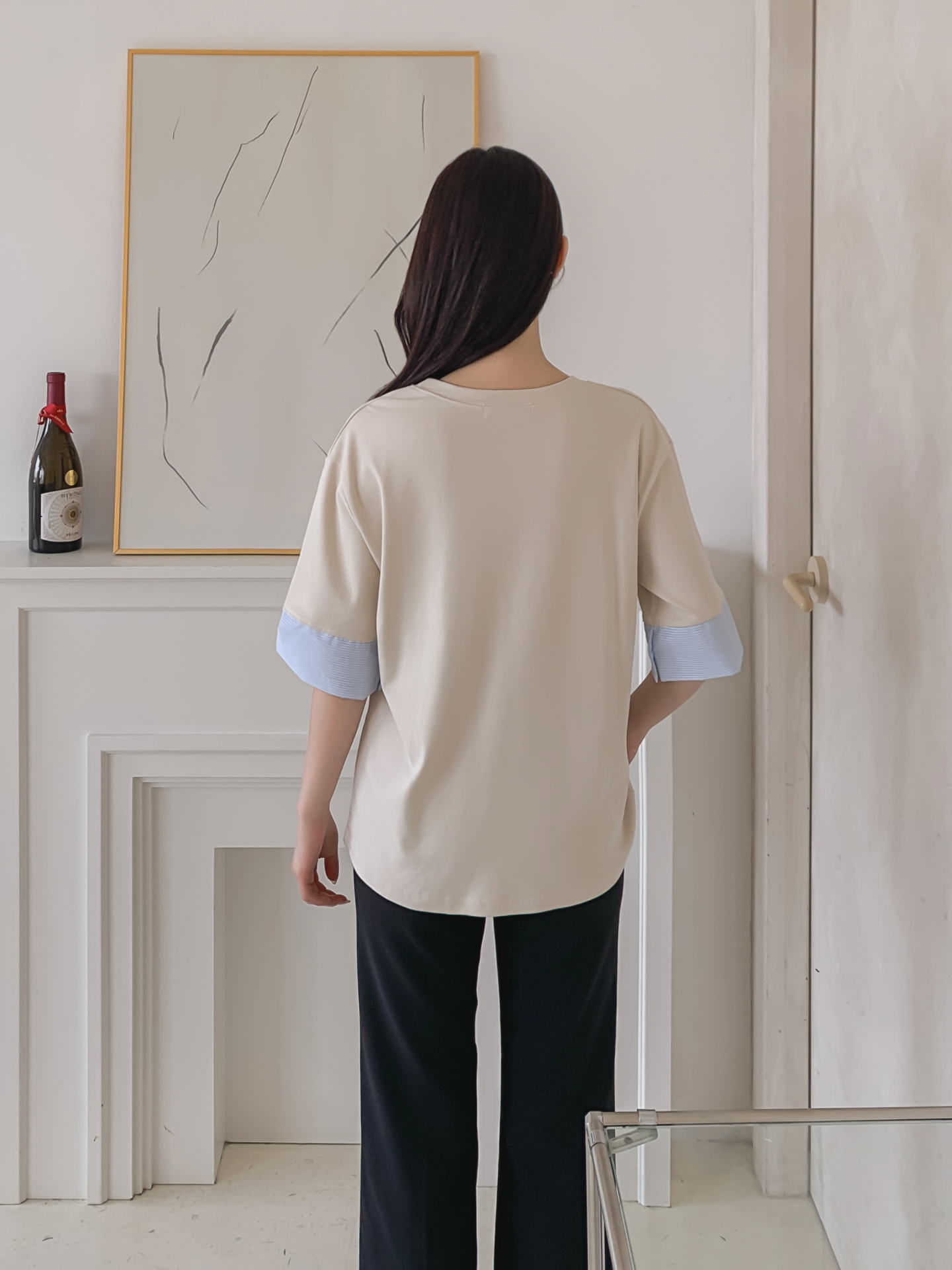 コンビ配色ラウンドネックボクシールーズ半袖Tシャツ | 詳細画像5