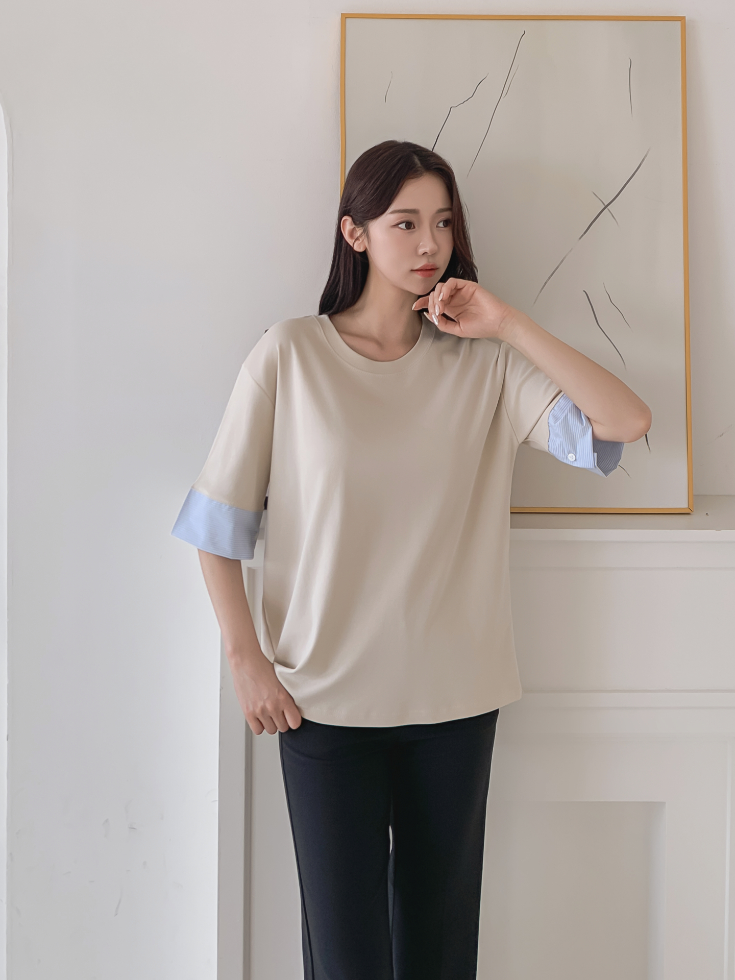 コンビ配色ラウンドネックボクシールーズ半袖Tシャツ | 詳細画像7