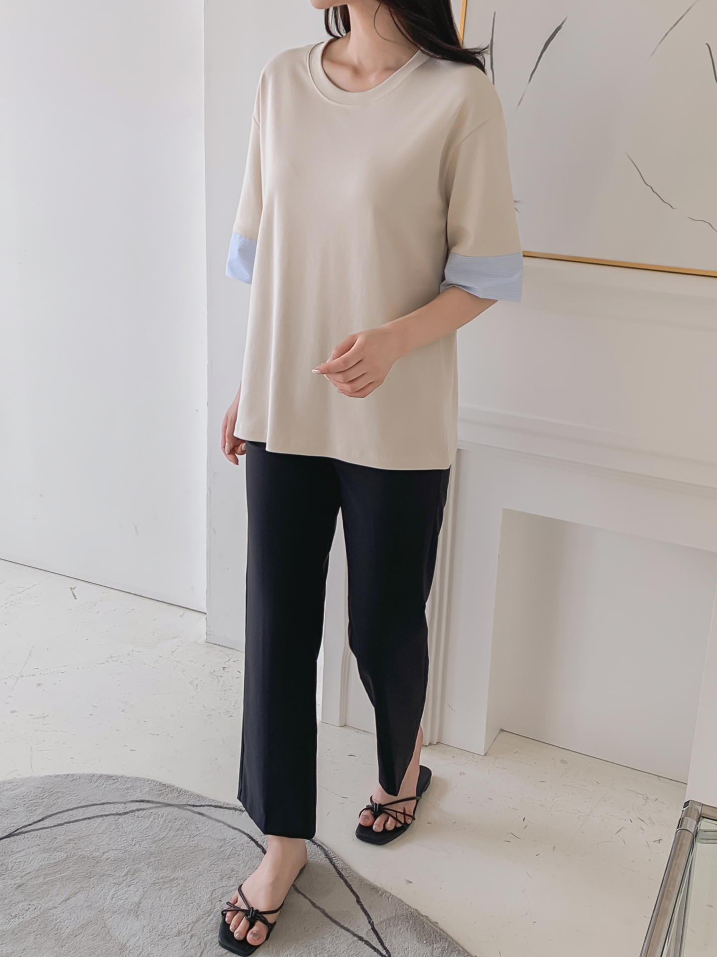 コンビ配色ラウンドネックボクシールーズ半袖Tシャツ | 詳細画像8