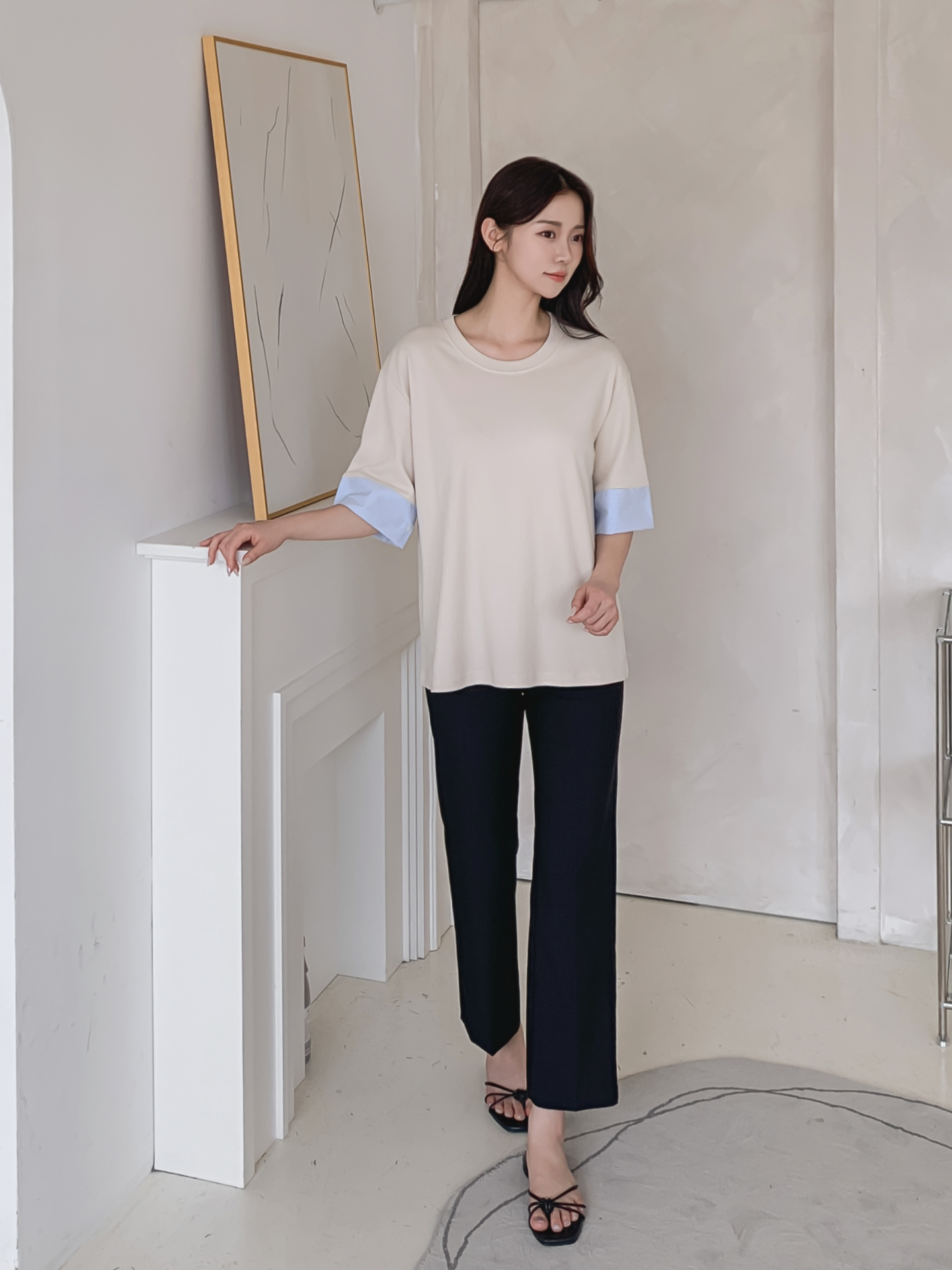 コンビ配色ラウンドネックボクシールーズ半袖Tシャツ | 詳細画像13