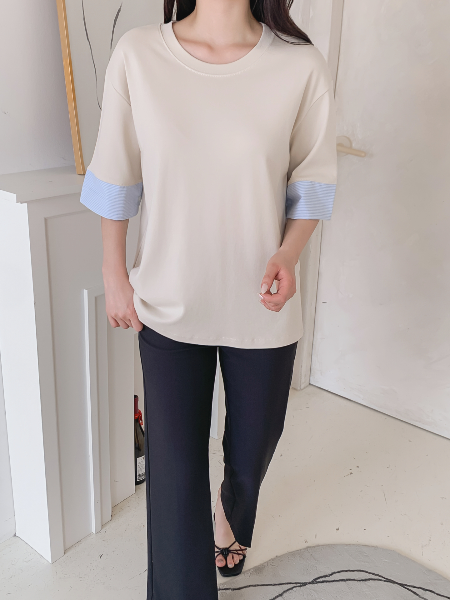 コンビ配色ラウンドネックボクシールーズ半袖Tシャツ | 詳細画像14
