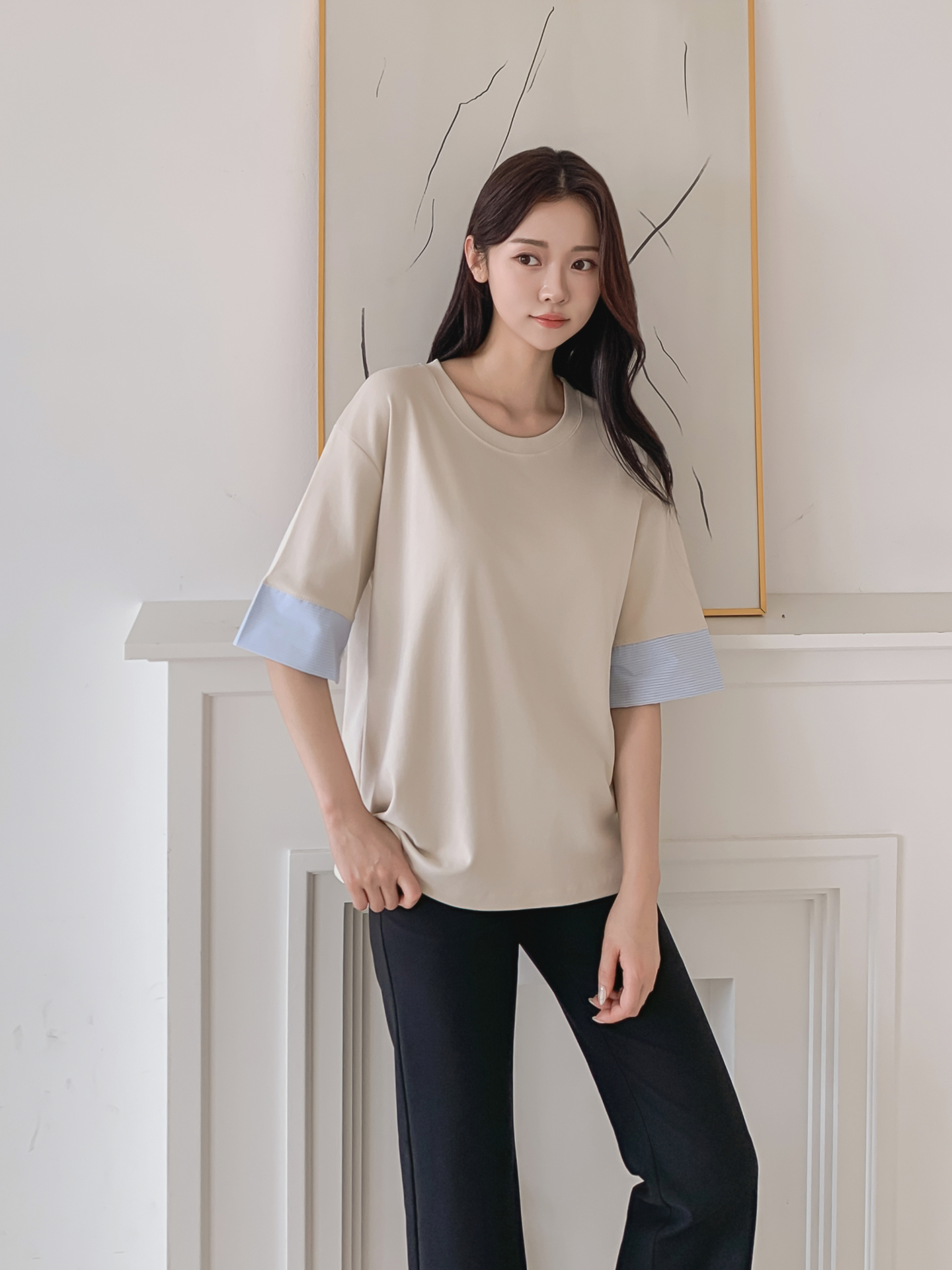 コンビ配色ラウンドネックボクシールーズ半袖Tシャツ | 詳細画像15