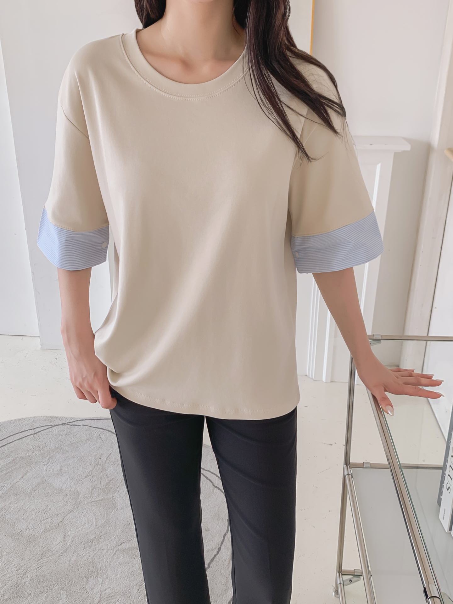 コンビ配色ラウンドネックボクシールーズ半袖Tシャツ | 詳細画像16