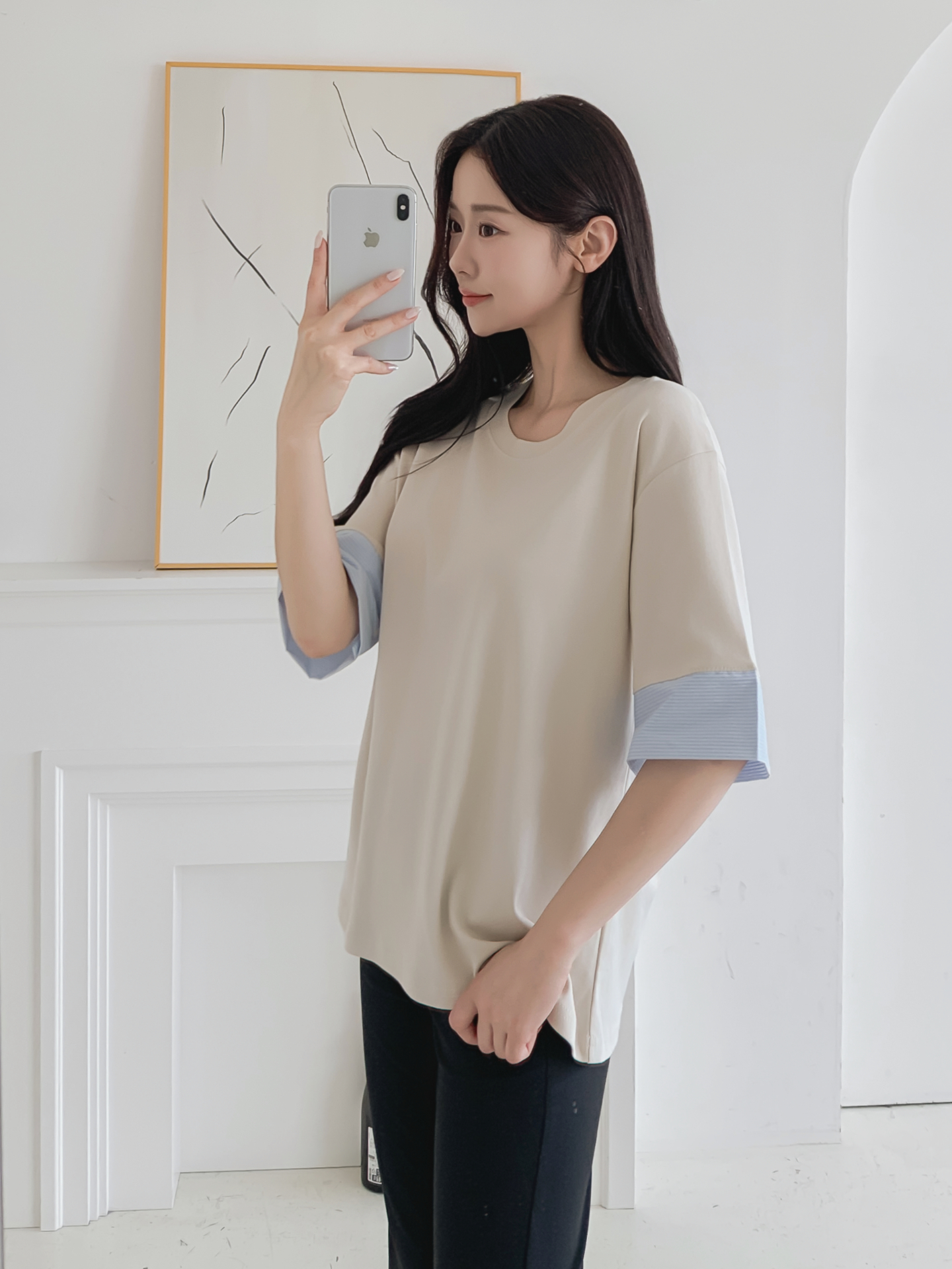 コンビ配色ラウンドネックボクシールーズ半袖Tシャツ | 詳細画像17