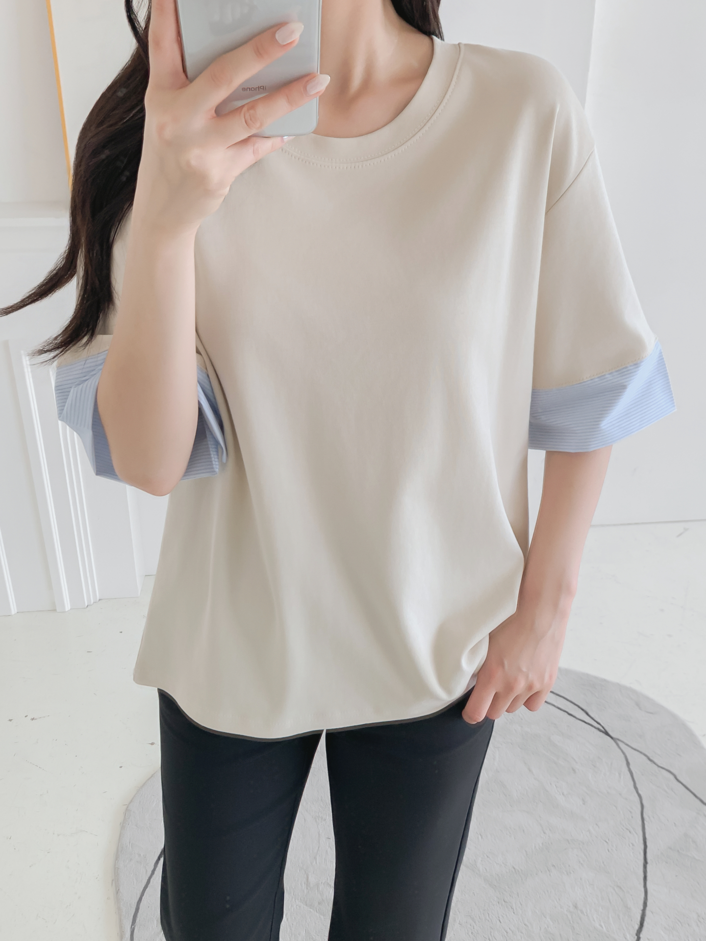 コンビ配色ラウンドネックボクシールーズ半袖Tシャツ | 詳細画像18
