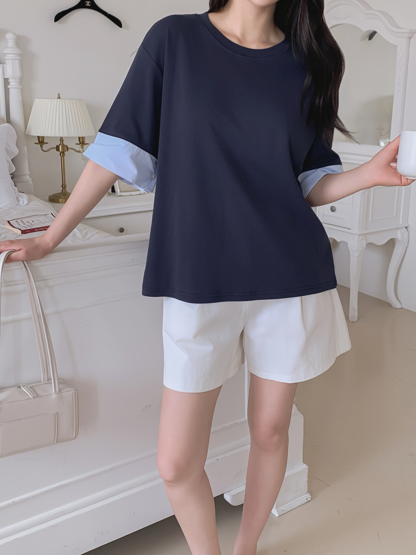 コンビ配色ラウンドネックボクシールーズ半袖Tシャツ | 詳細画像31