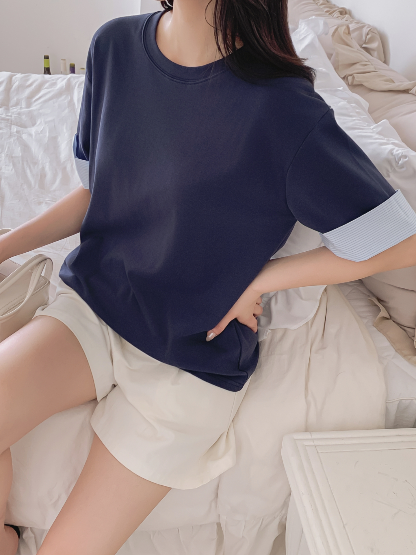 コンビ配色ラウンドネックボクシールーズ半袖Tシャツ | 詳細画像34