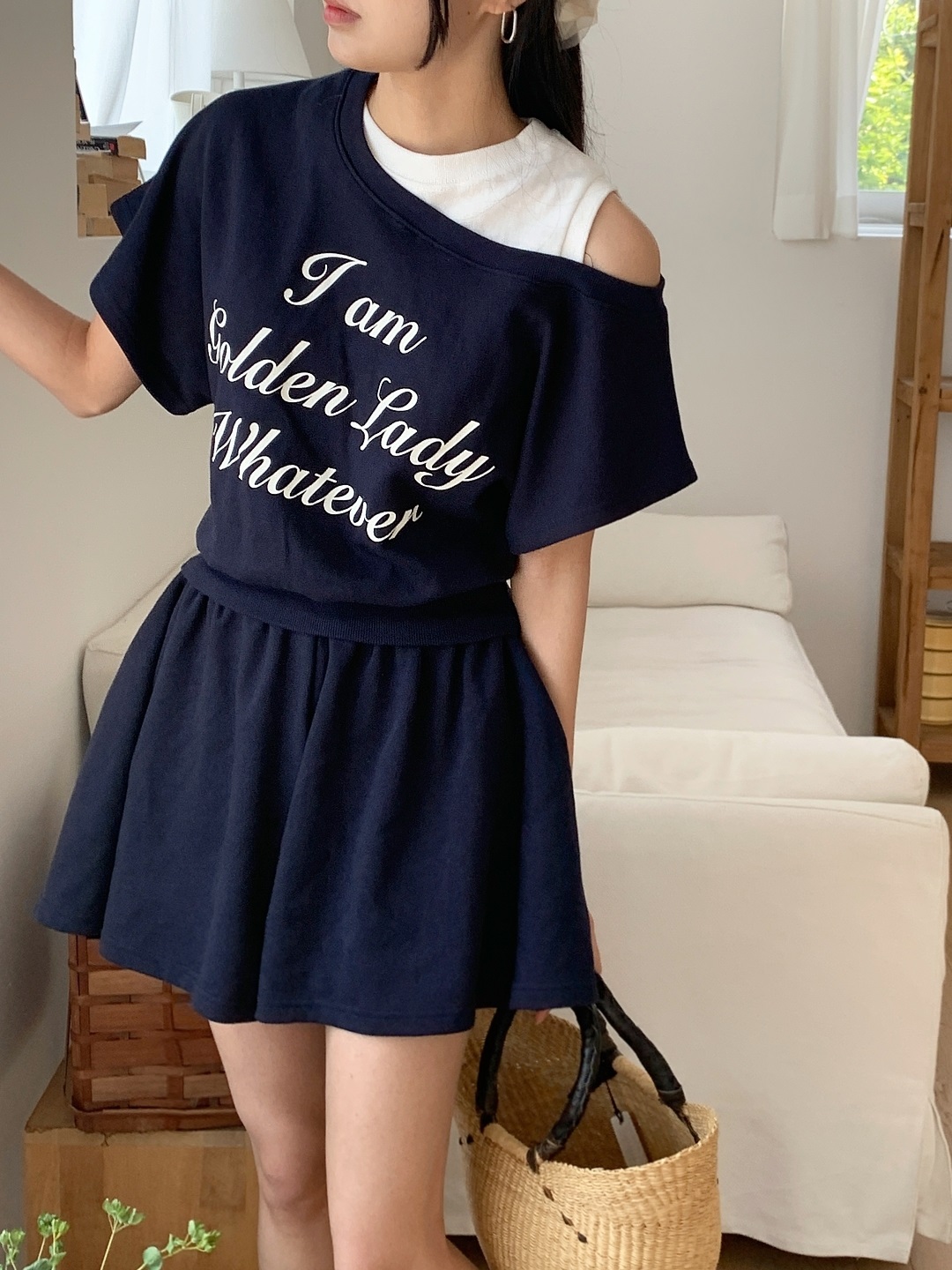 ポケットウエストゴムレイヤード風ショート半袖レタリングセットアップTシャツショートパンツ | 詳細画像2