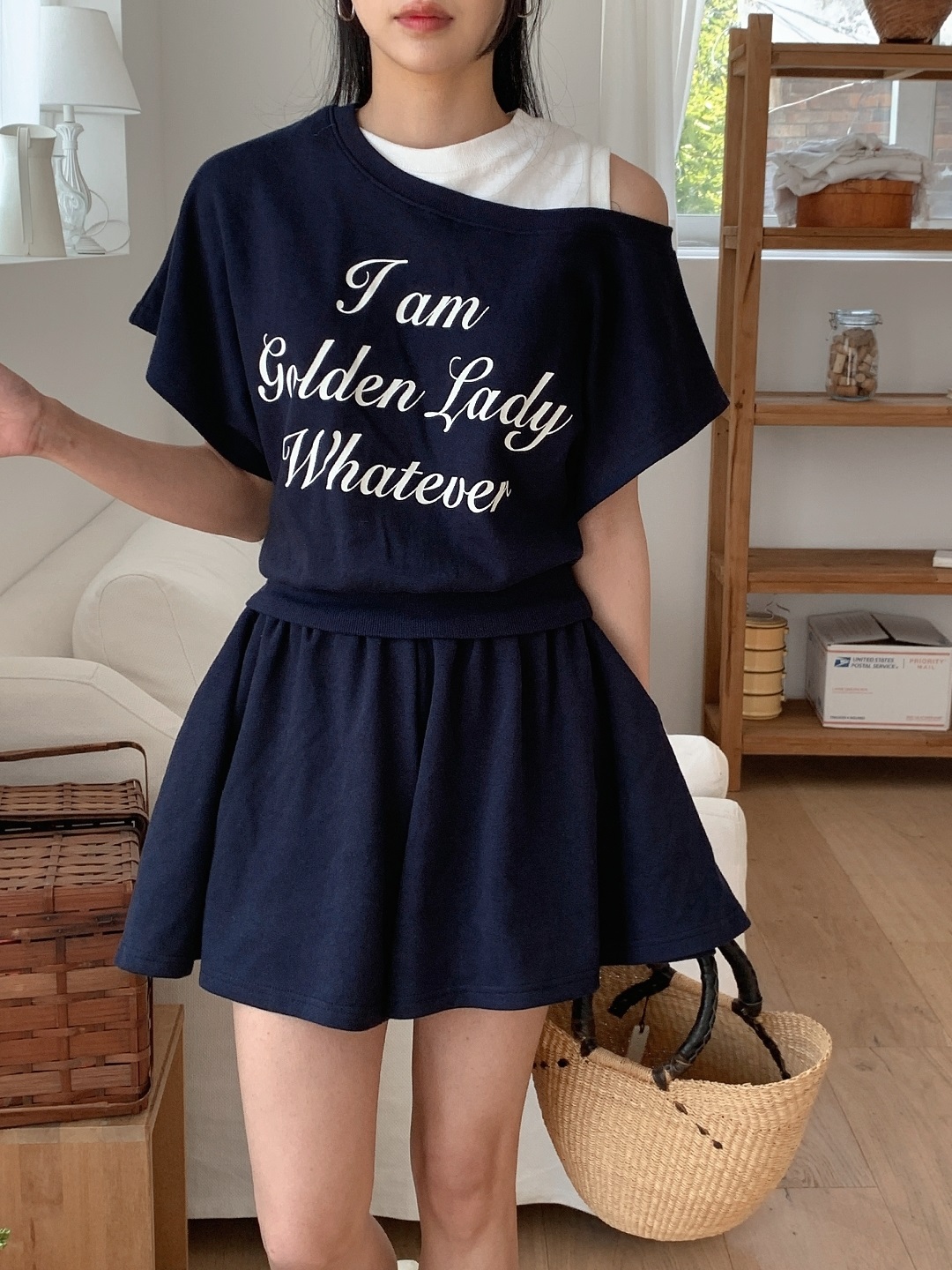 ポケットウエストゴムレイヤード風ショート半袖レタリングセットアップTシャツショートパンツ | 詳細画像8
