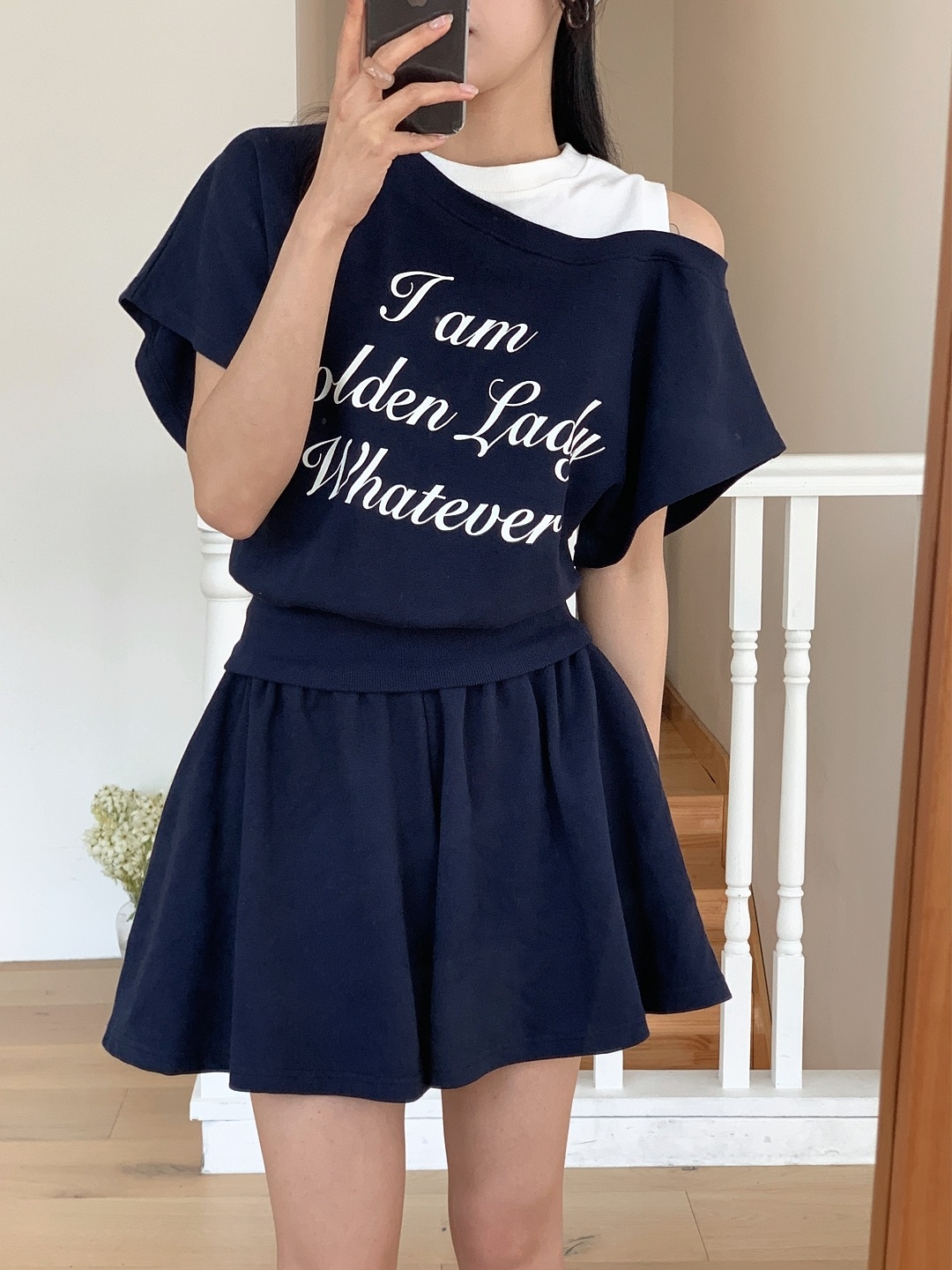 ポケットウエストゴムレイヤード風ショート半袖レタリングセットアップTシャツショートパンツ | 詳細画像3