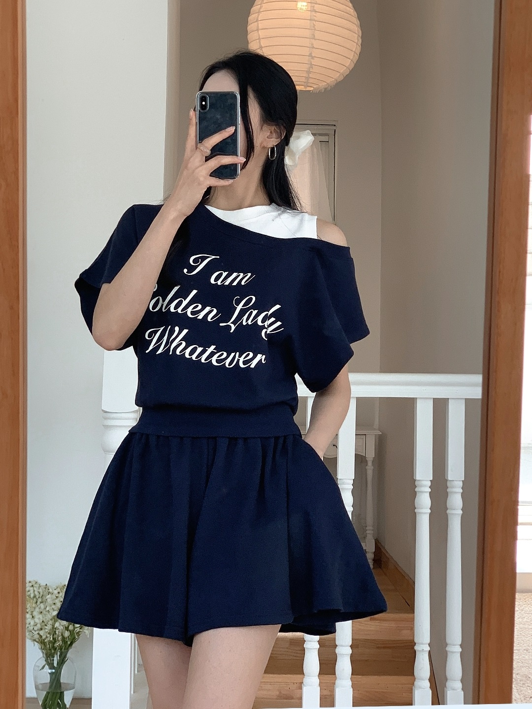 ポケットウエストゴムレイヤード風ショート半袖レタリングセットアップTシャツショートパンツ | 詳細画像5