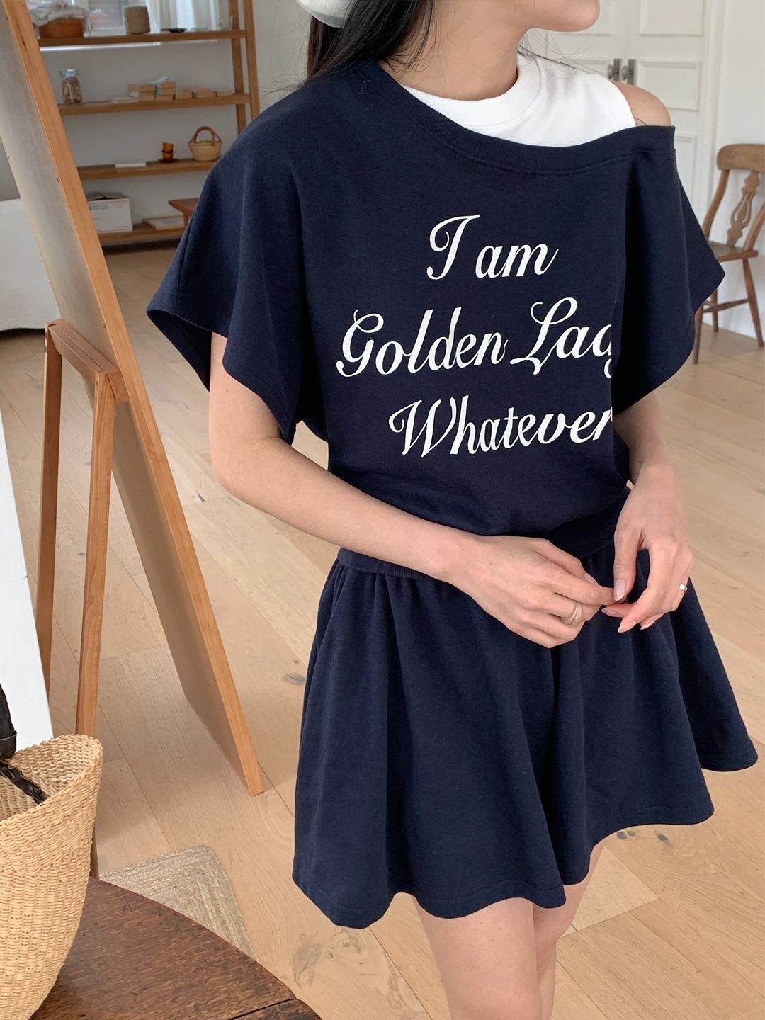 ポケットウエストゴムレイヤード風ショート半袖レタリングセットアップTシャツショートパンツ | 詳細画像6