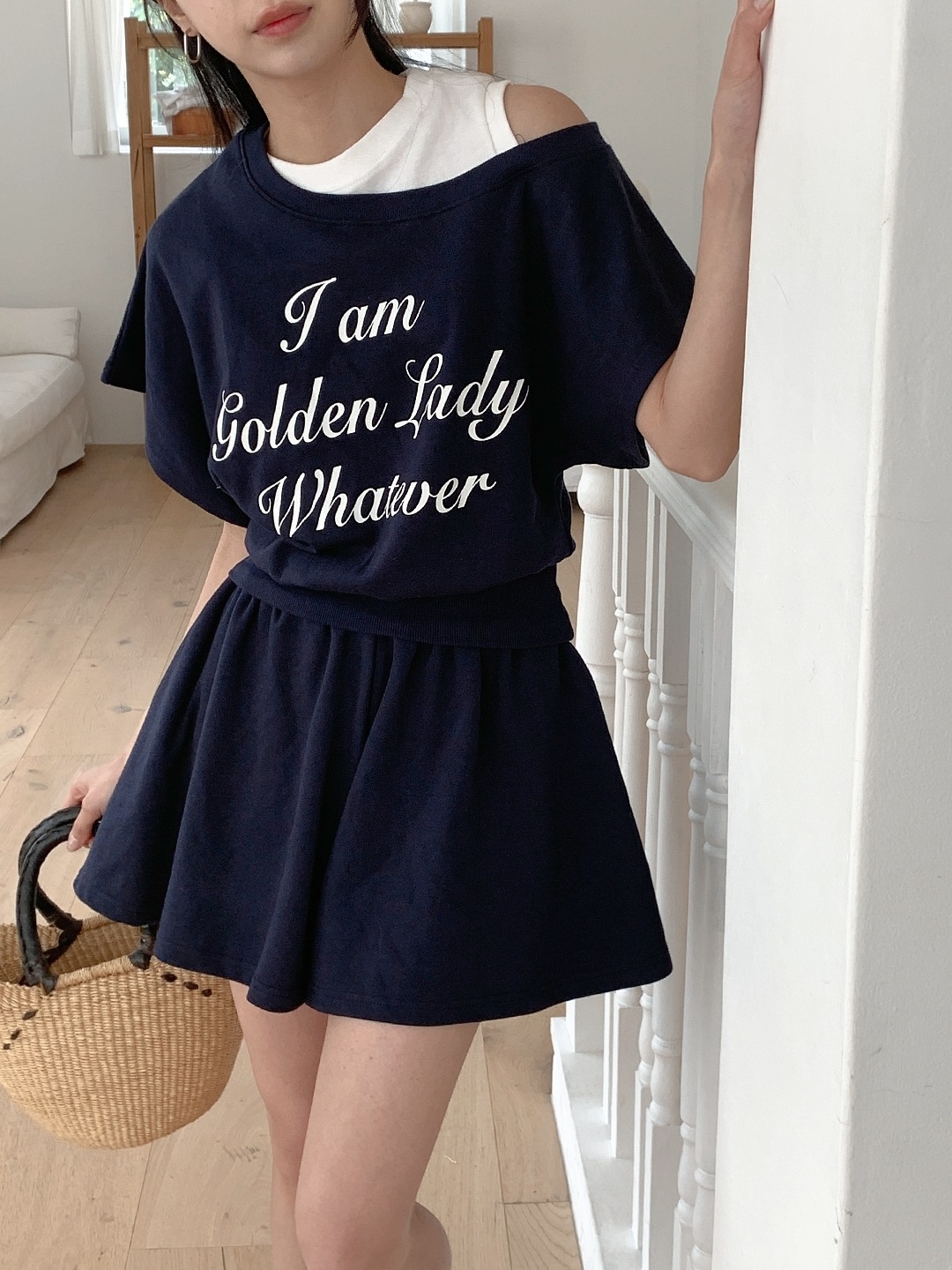 ポケットウエストゴムレイヤード風ショート半袖レタリングセットアップTシャツショートパンツ | 詳細画像7