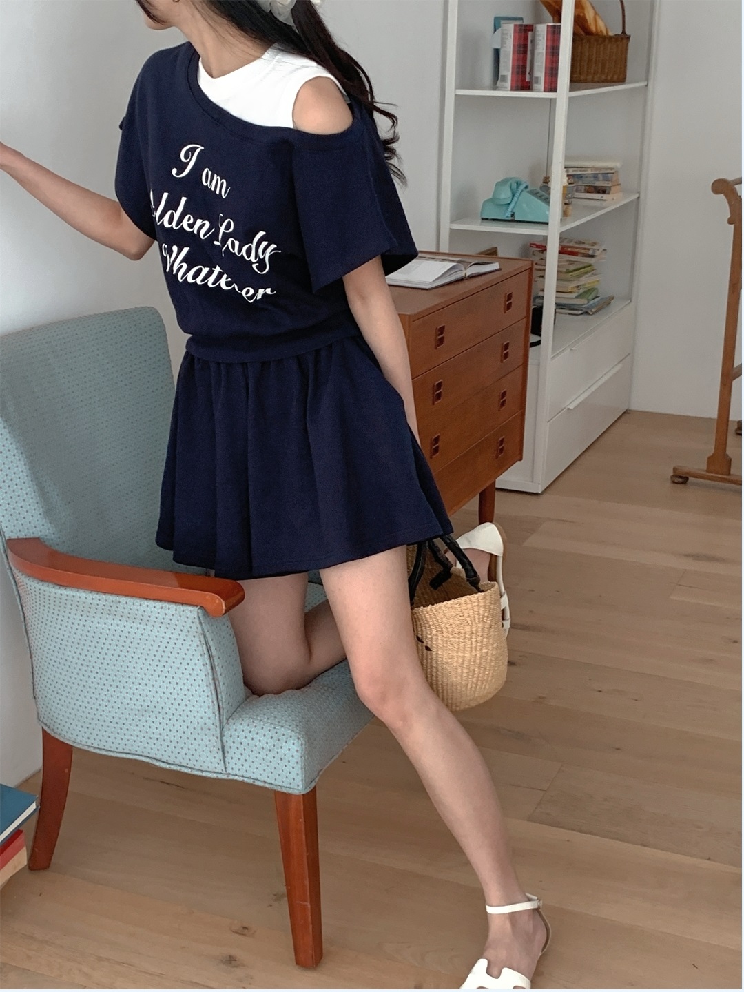 ポケットウエストゴムレイヤード風ショート半袖レタリングセットアップTシャツショートパンツ | 詳細画像11