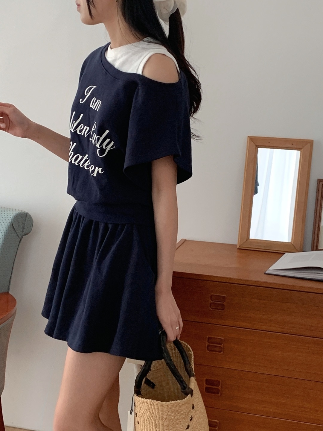 ポケットウエストゴムレイヤード風ショート半袖レタリングセットアップTシャツショートパンツ | 詳細画像12