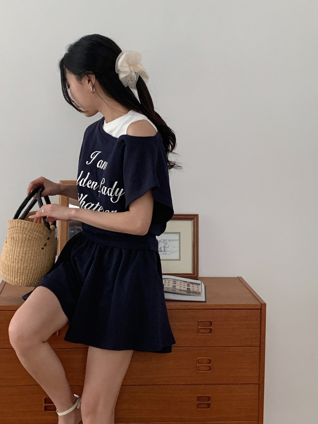 ポケットウエストゴムレイヤード風ショート半袖レタリングセットアップTシャツショートパンツ | 詳細画像13