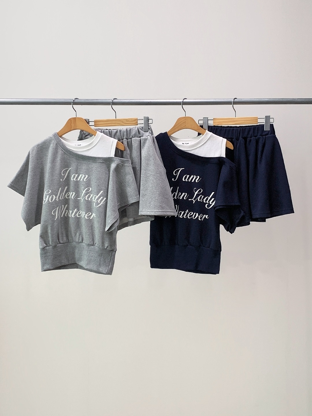 ポケットウエストゴムレイヤード風ショート半袖レタリングセットアップTシャツショートパンツ | 詳細画像17