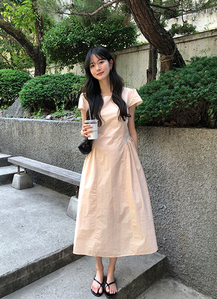 コットンパフスリーブキャップスリーブロングフレアAラインバック