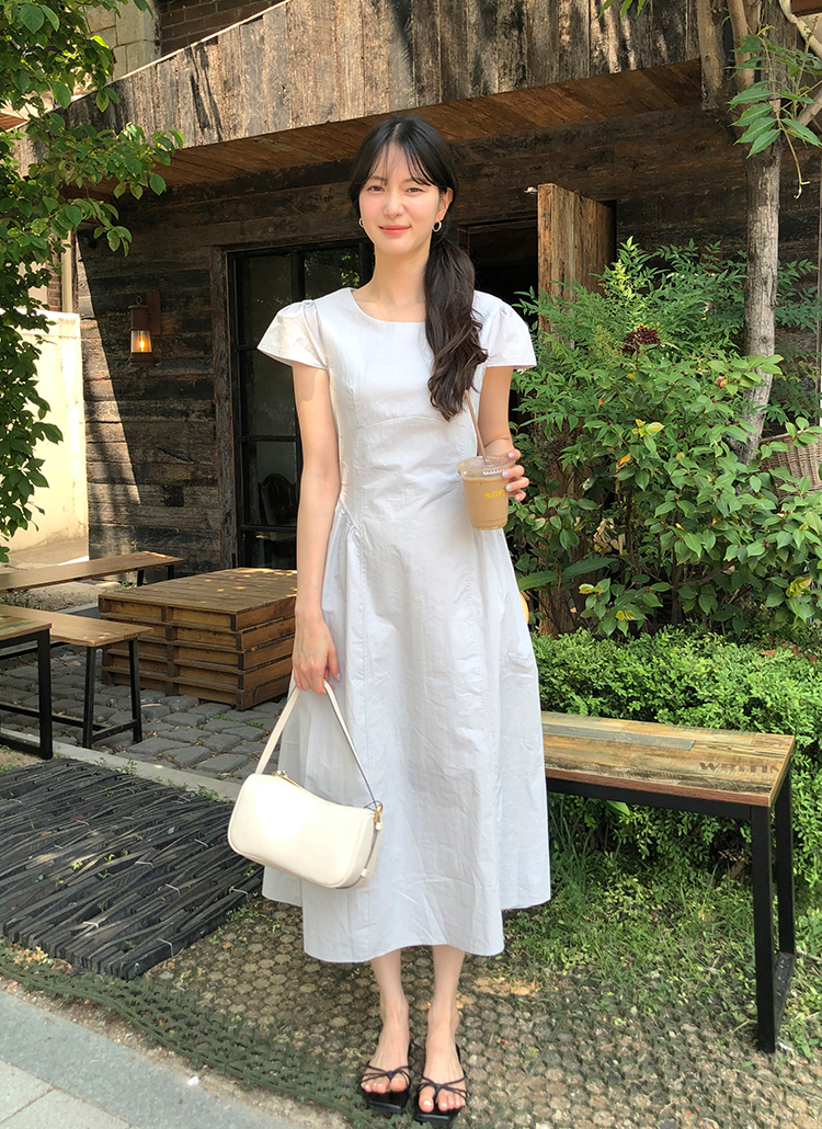 コットンパフスリーブキャップスリーブロングフレアAラインバック