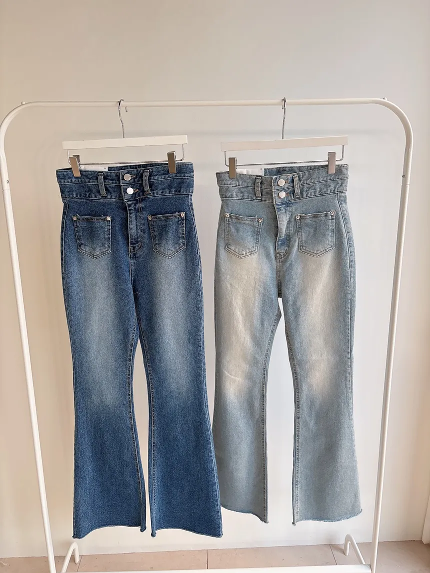 ボタンポケットハイウエストロングライトブルーディープブルーデニムパンツオールシーズン | mirangmirang | 詳細画像38