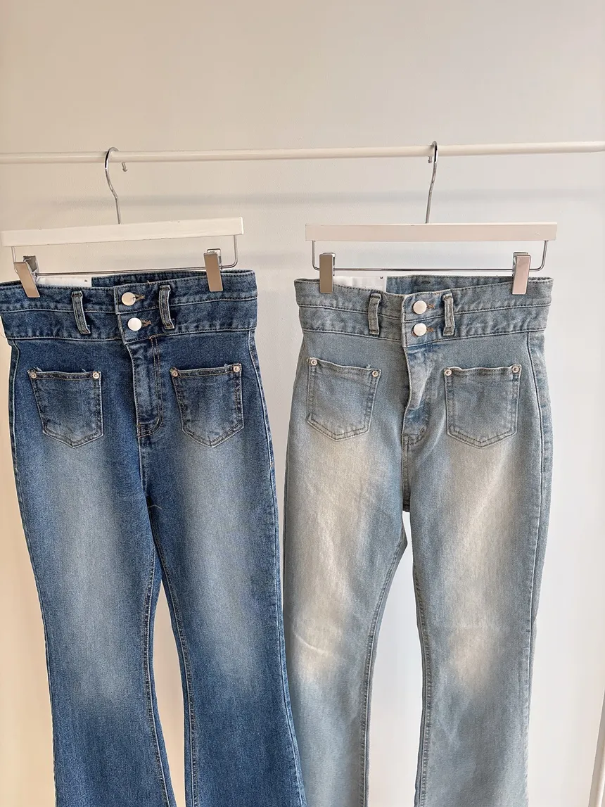 ボタンポケットハイウエストロングライトブルーディープブルーデニムパンツオールシーズン | mirangmirang | 詳細画像39