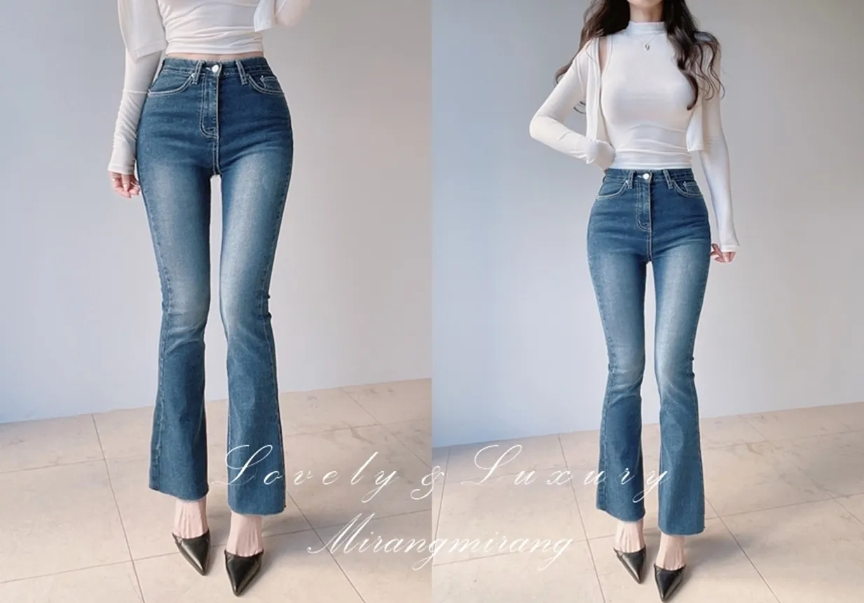 ボタンハイウエストロングリベットディープブルーデニムパンツ | mirangmirang | 詳細画像1