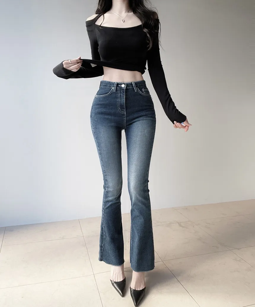 ボタンハイウエストロングリベットディープブルーデニムパンツ | mirangmirang | 詳細画像19