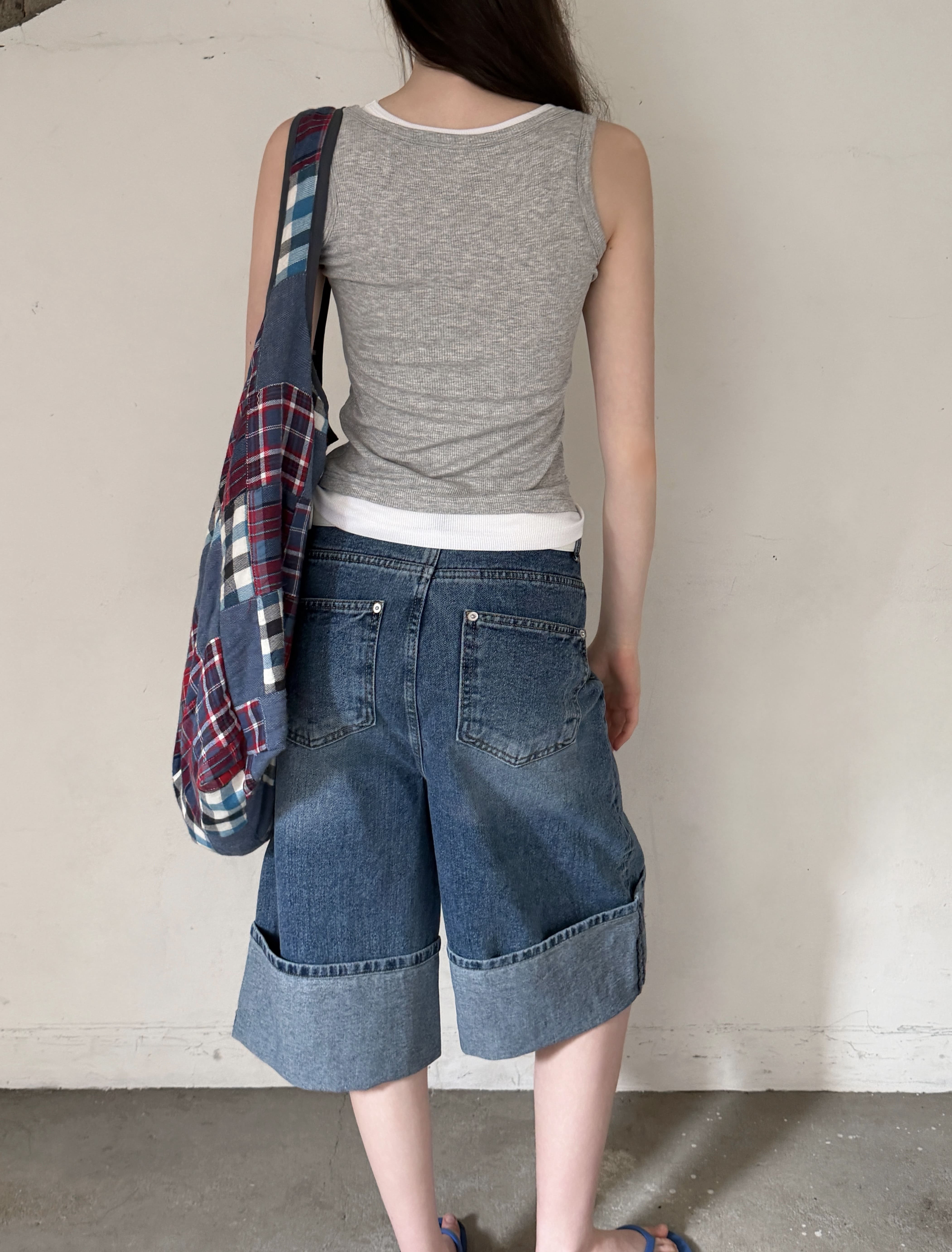 ロールアップワイドバミューダウォッシングポケットデニムパンツ