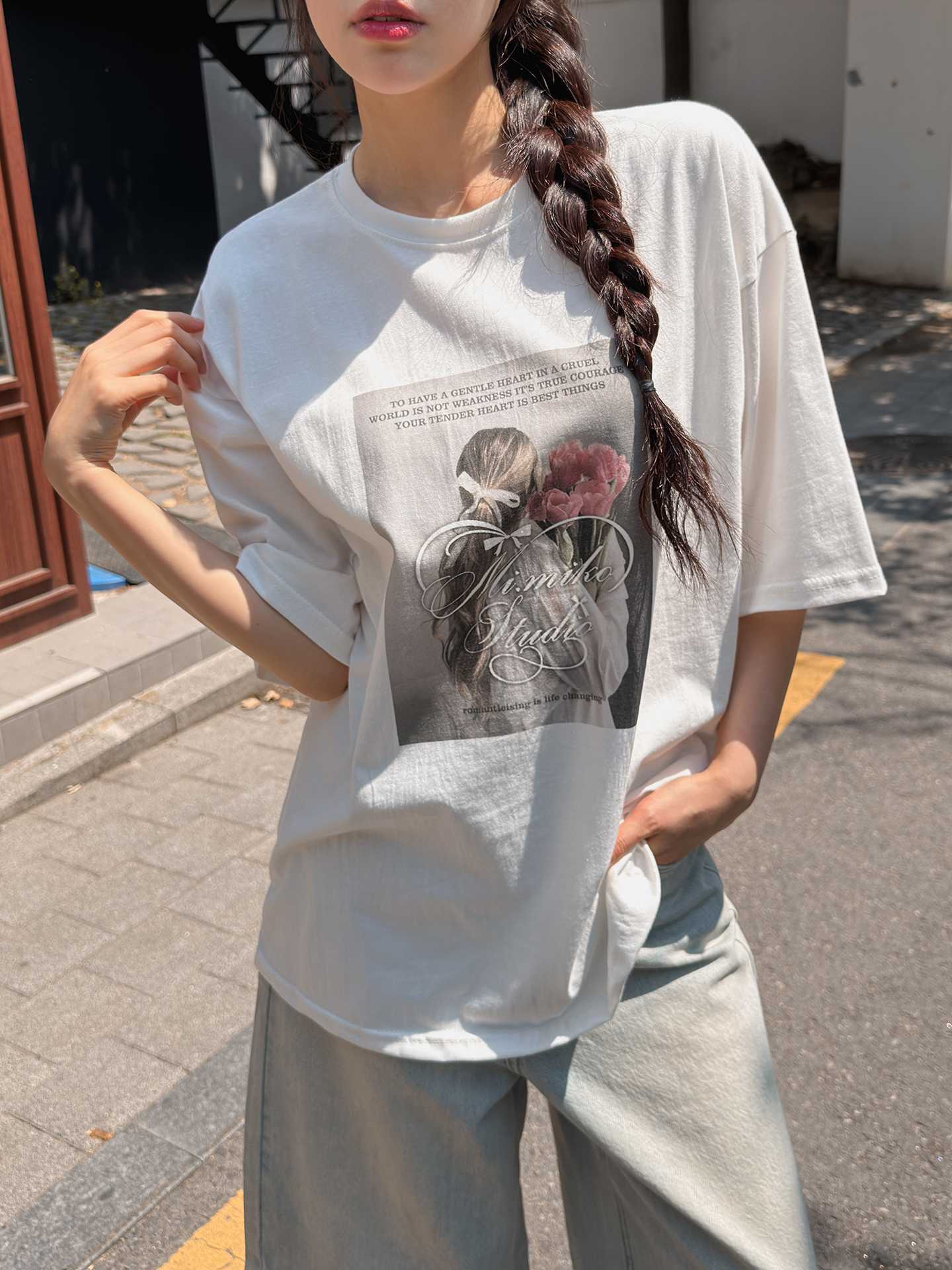 コットンラウンドネックボクシールーズ半袖ロゴTシャツ | 詳細画像9