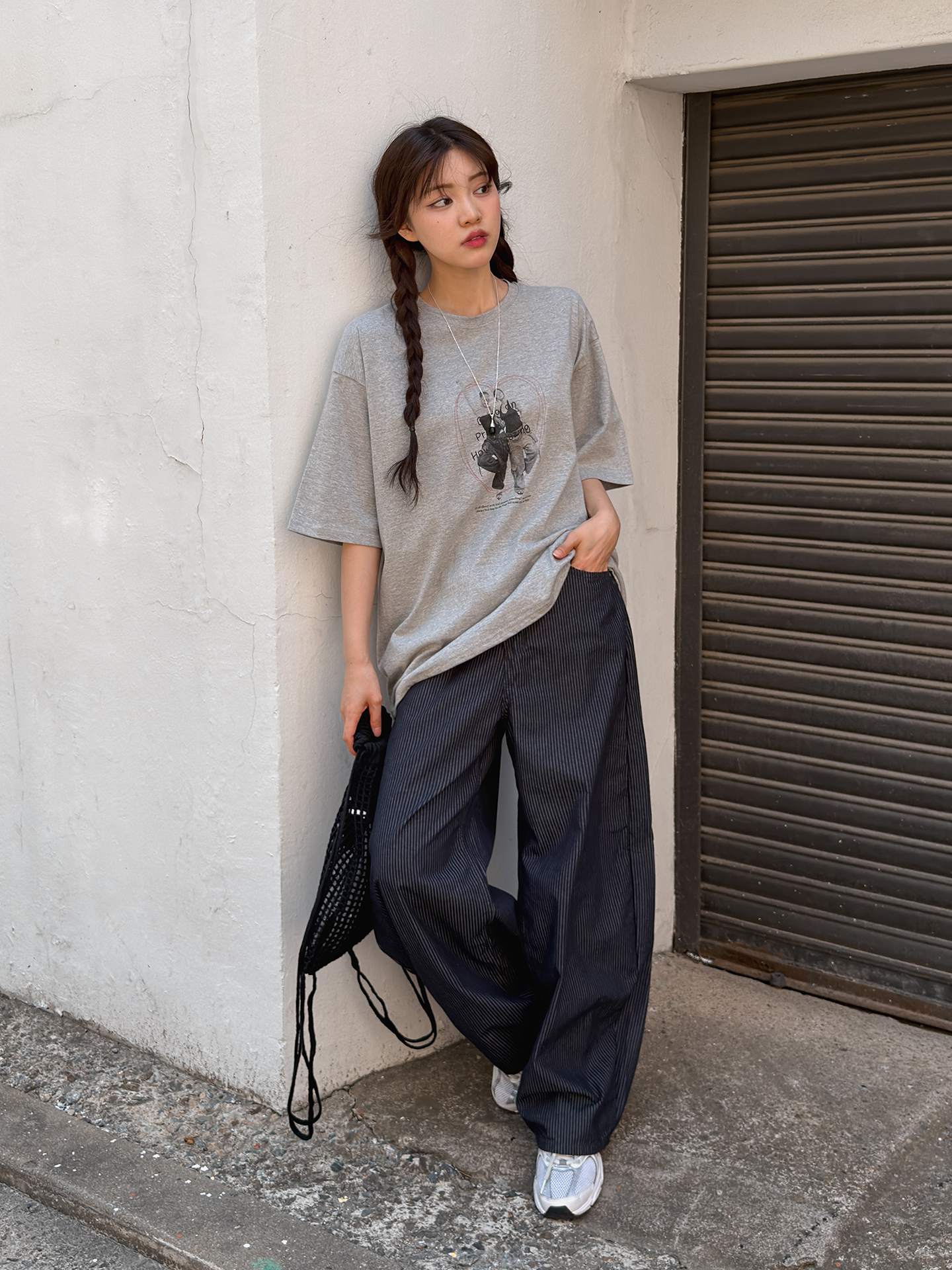 コットンラウンドネックボクシールーズ半袖プリントTシャツ | 詳細画像2