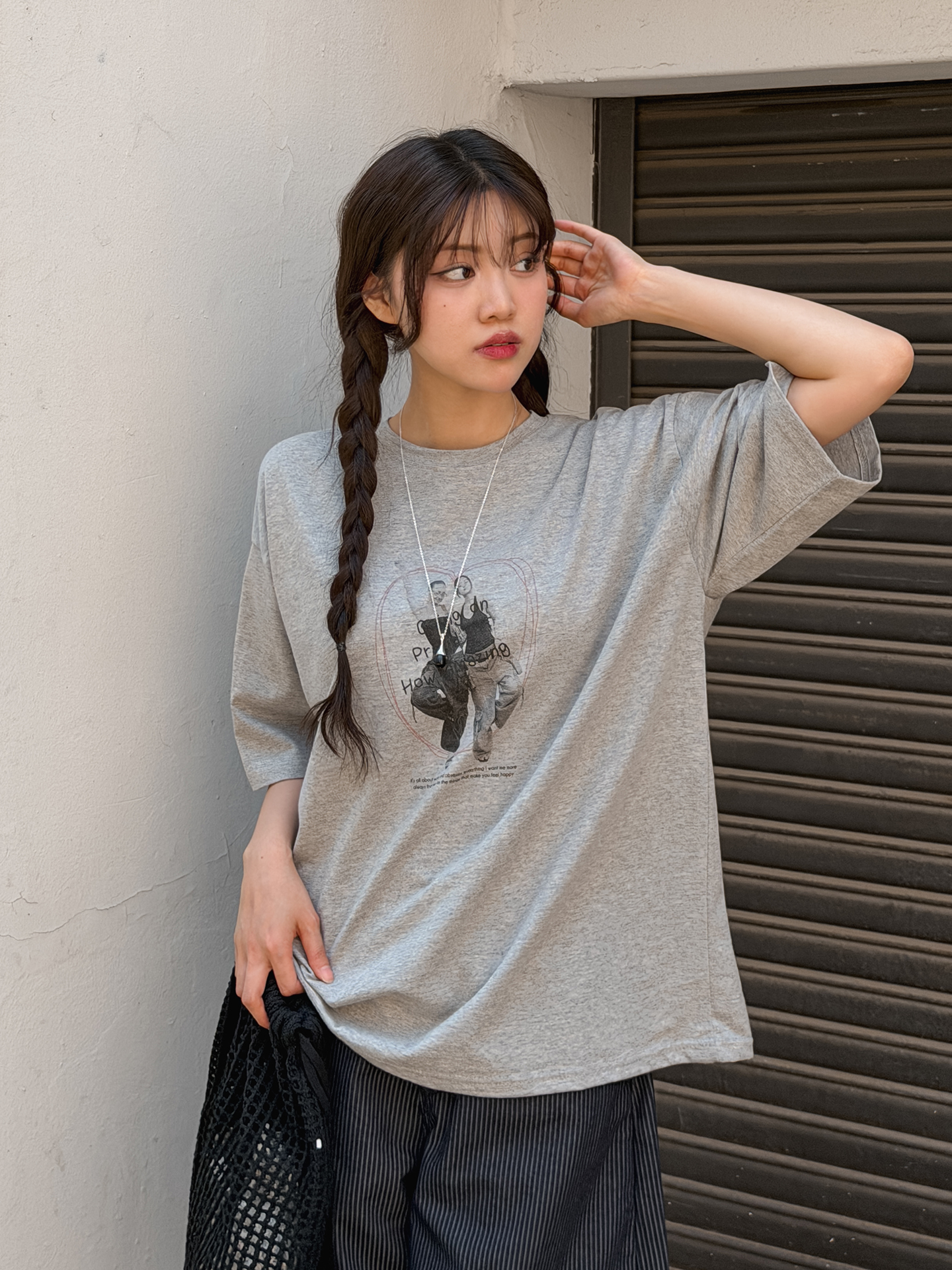 コットンラウンドネックボクシールーズ半袖プリントTシャツ | 詳細画像5