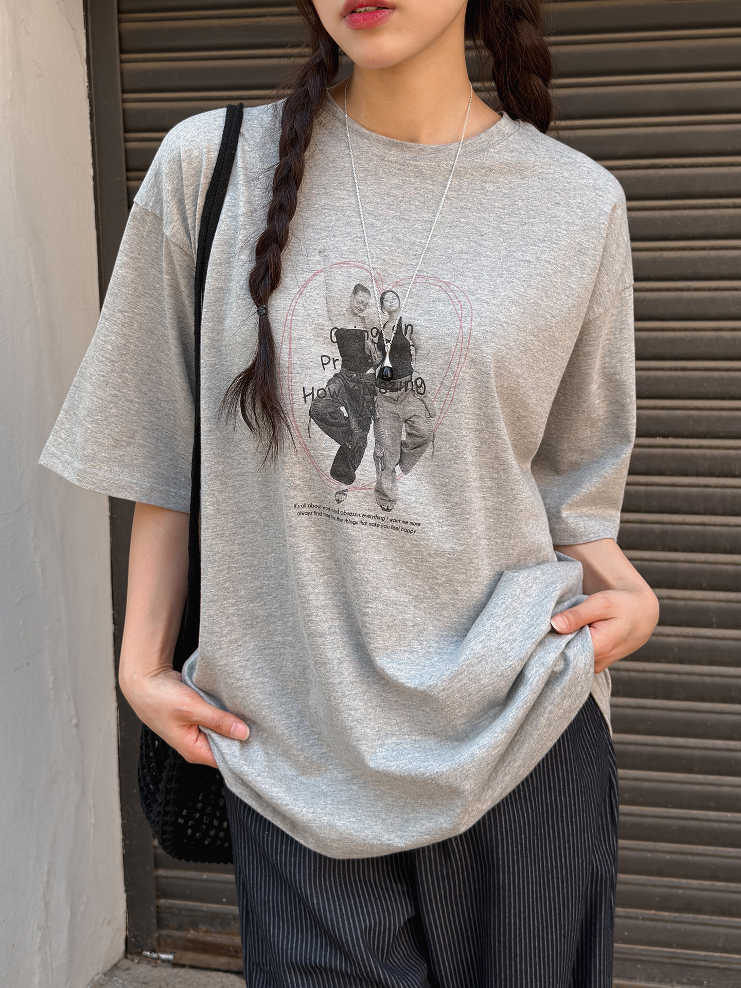 コットンラウンドネックボクシールーズ半袖プリントTシャツ | 詳細画像7