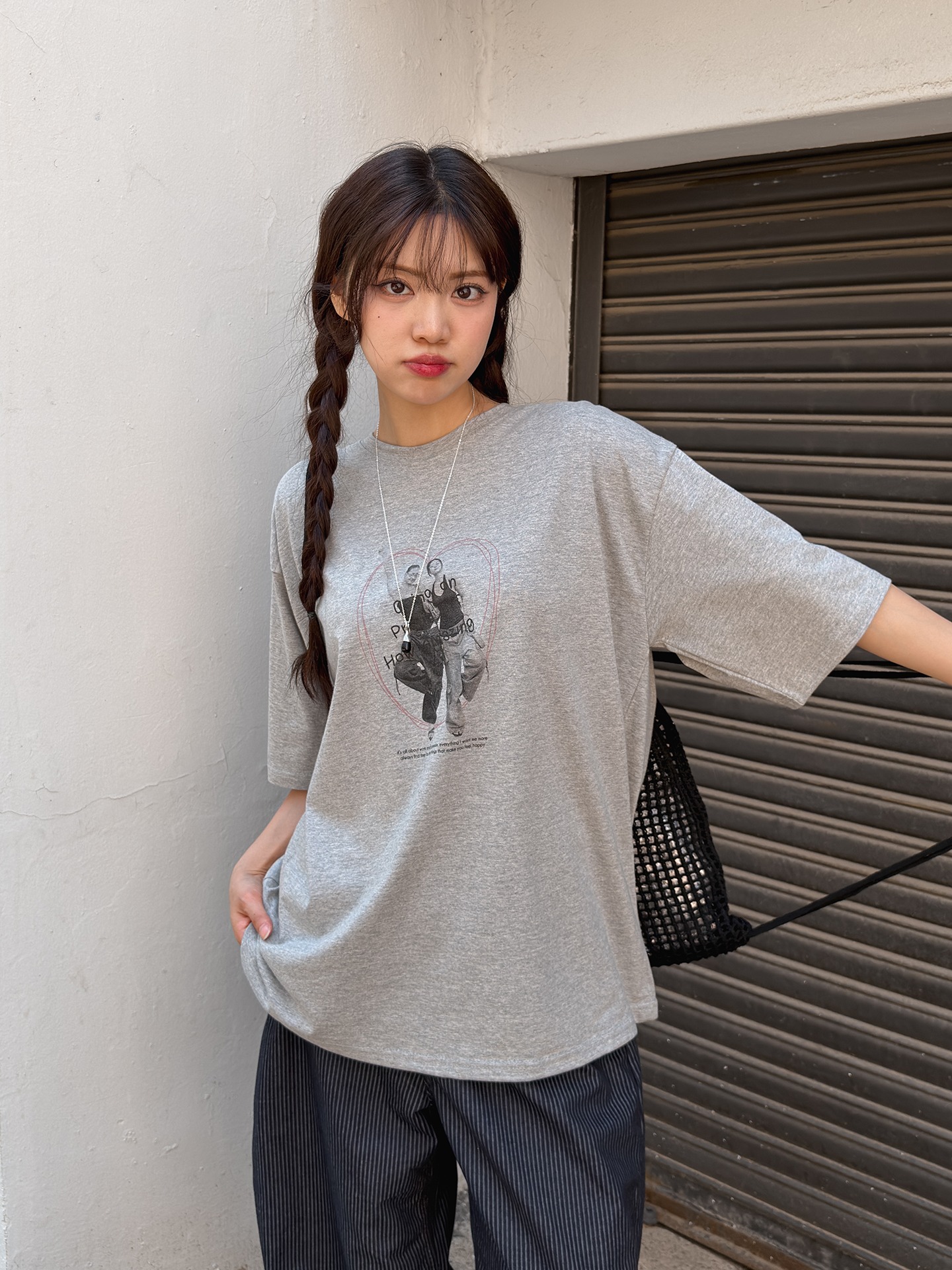 コットンラウンドネックボクシールーズ半袖プリントTシャツ | 詳細画像8