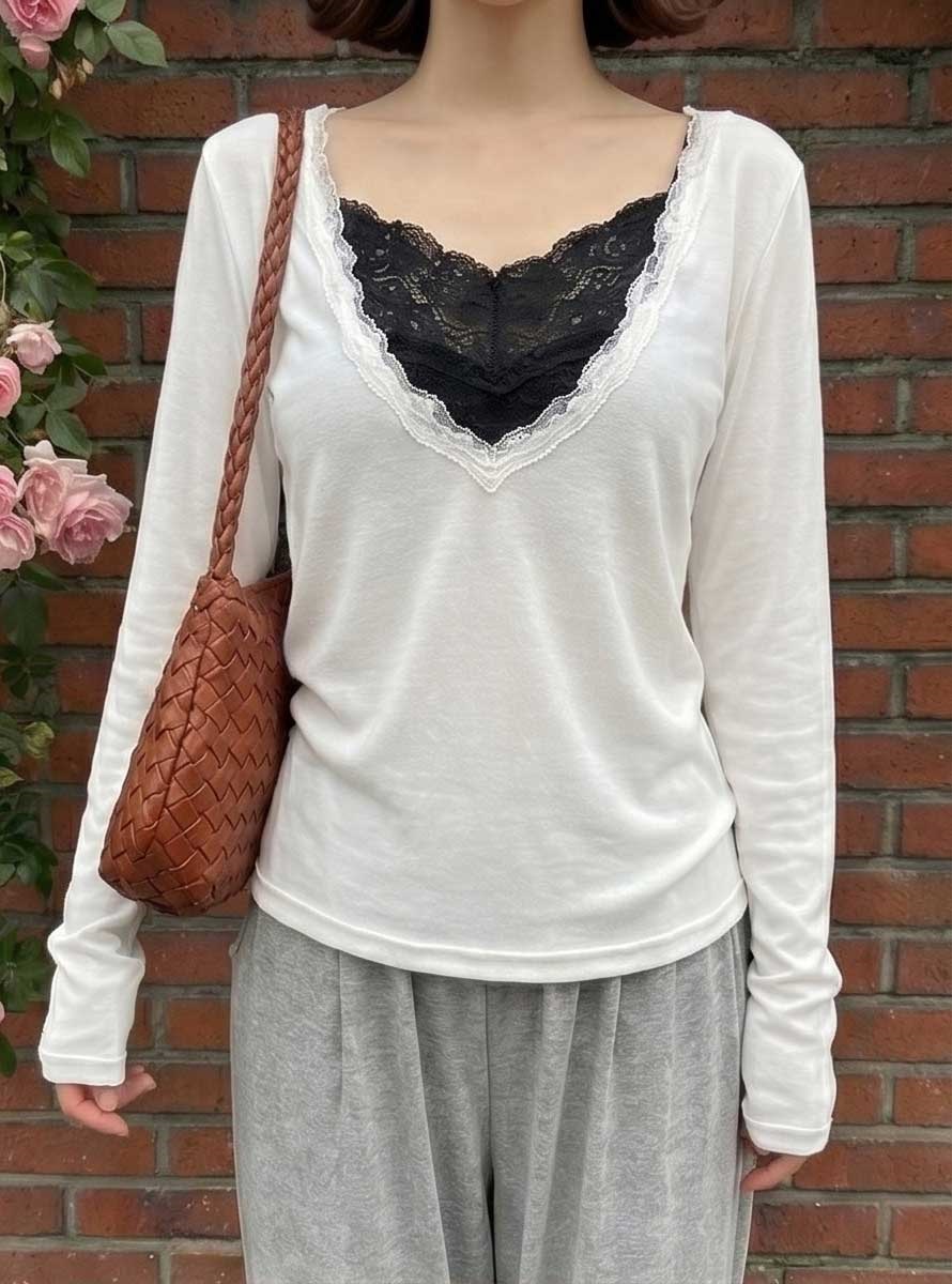 レースコンビVネック長袖Tシャツ | 詳細画像3