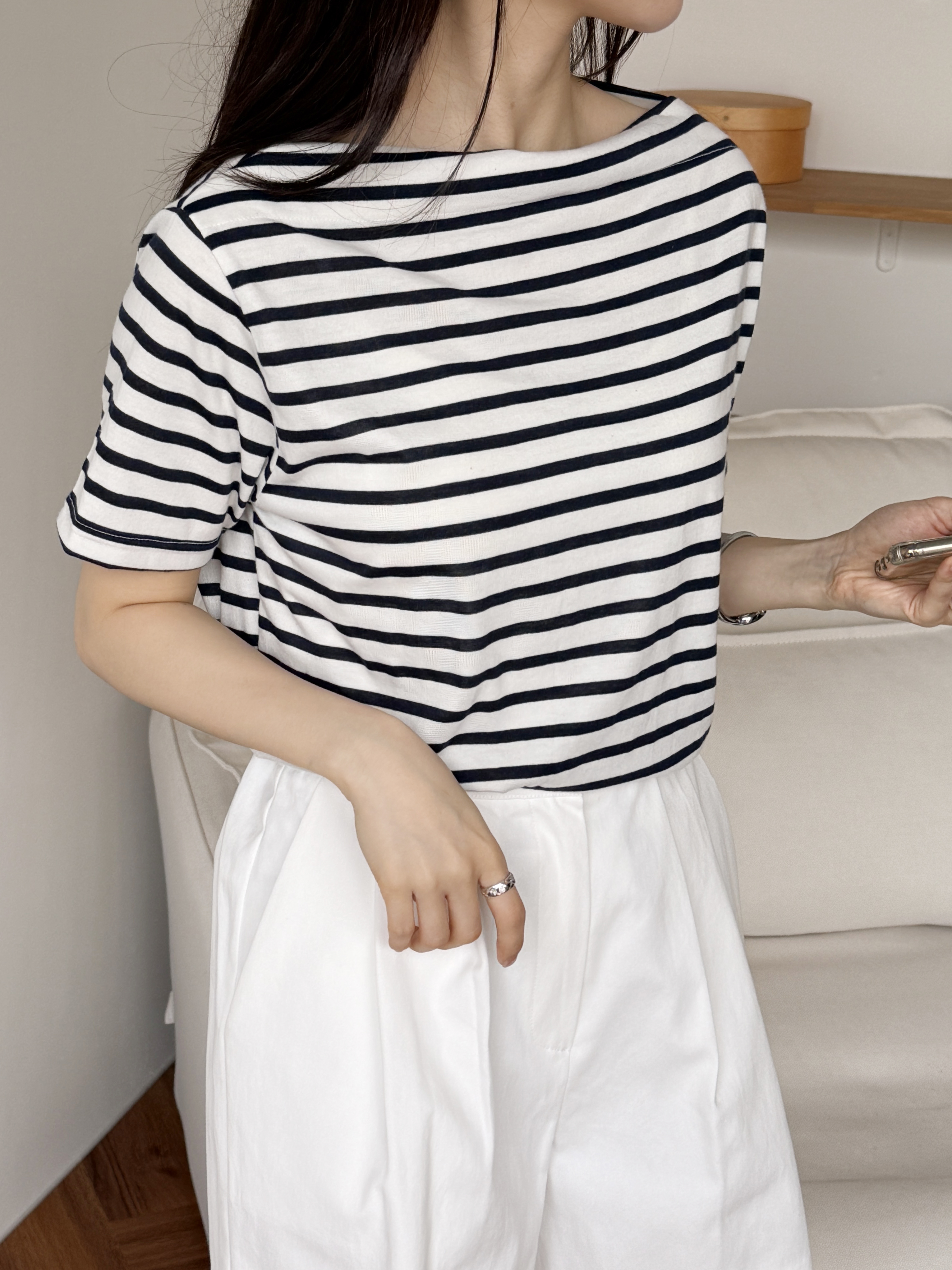 ボートネックベーシック半袖ボーダー配色Tシャツ | 詳細画像6