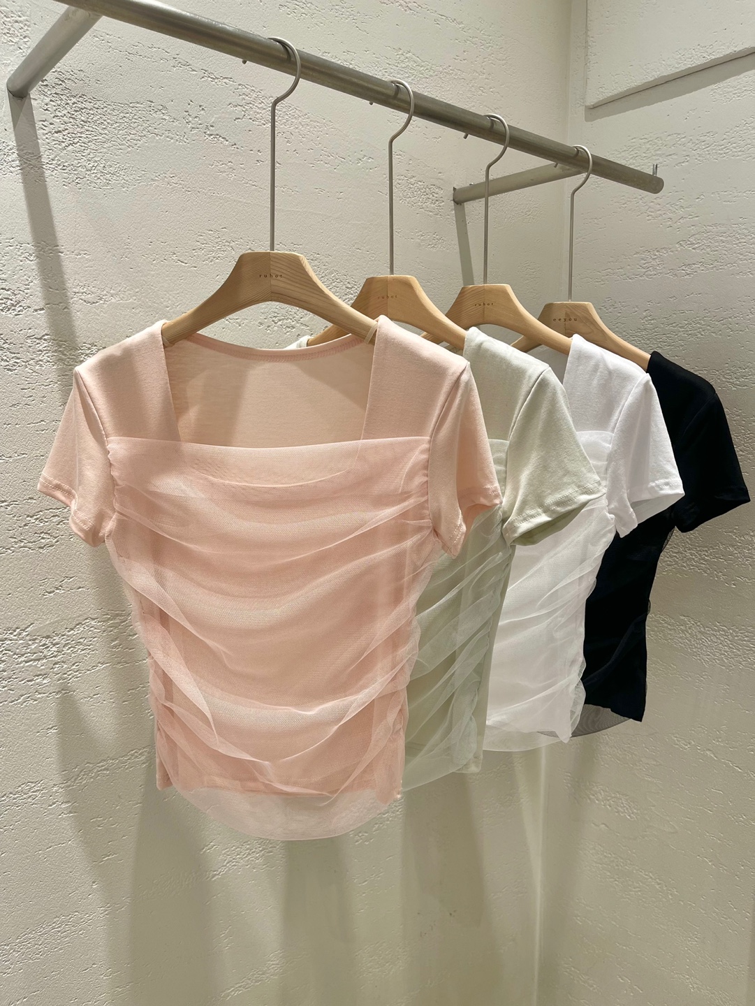 シフォンコンビラウンドネックベーシックスリムレイヤード風半袖Tシャツ | 詳細画像20