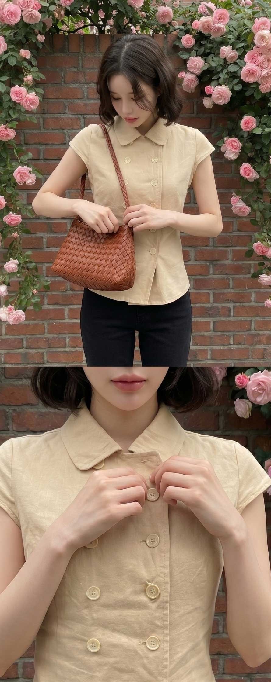 コットンフレンチスリーブスリムダブルボタンシャツ | 詳細画像12