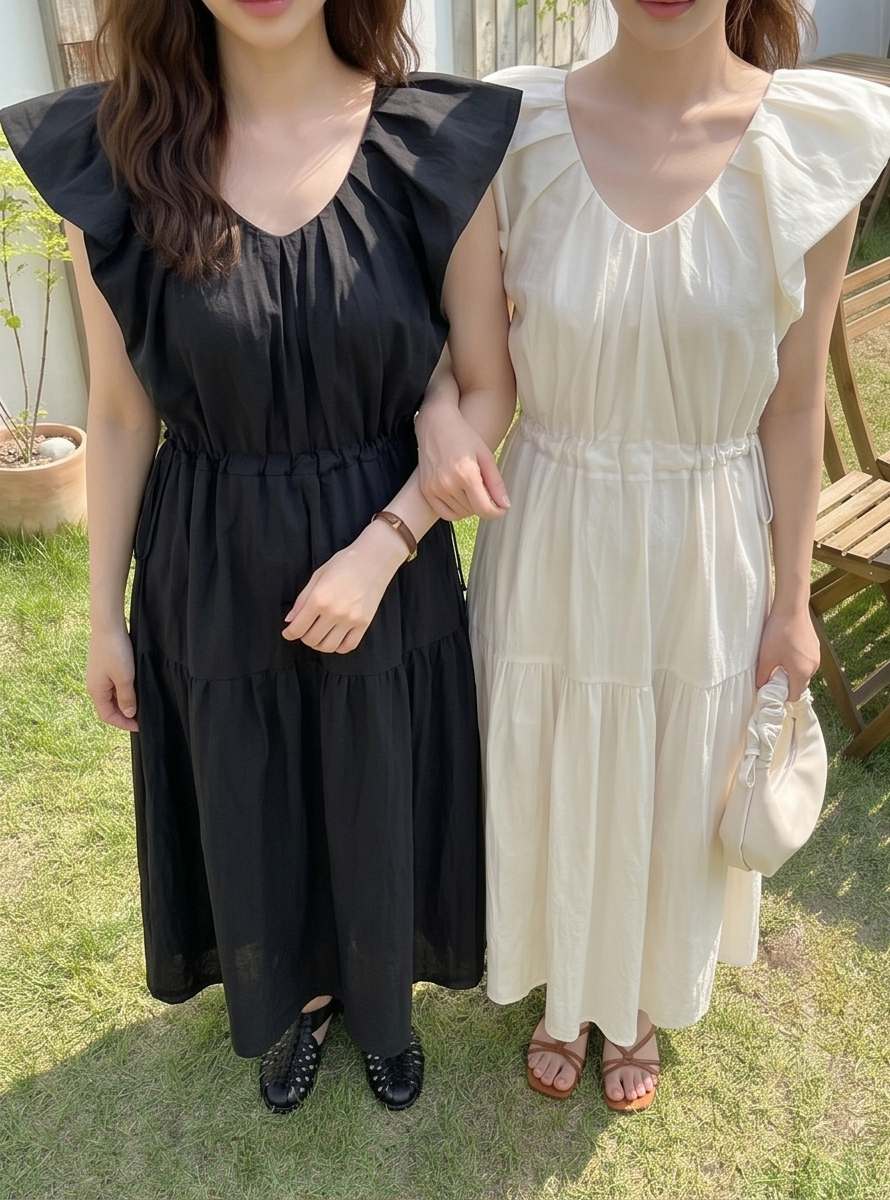 threetimes Organic dreamy dress ワンピース コットンVネックドローストリングティアードロングワンピース