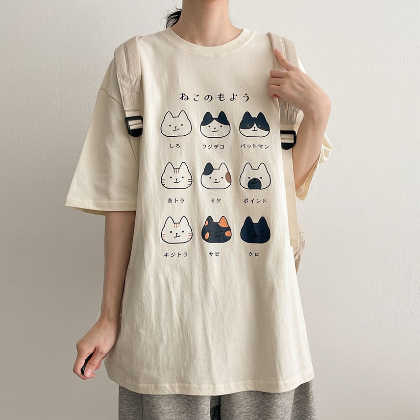 コットンラウンドネックオーバーサイズ半袖猫プリントTシャツ