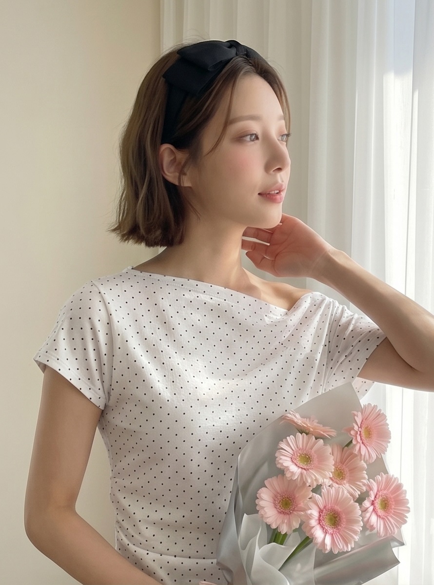 ドレープオフショルダー半袖ドットTシャツ | 詳細画像17