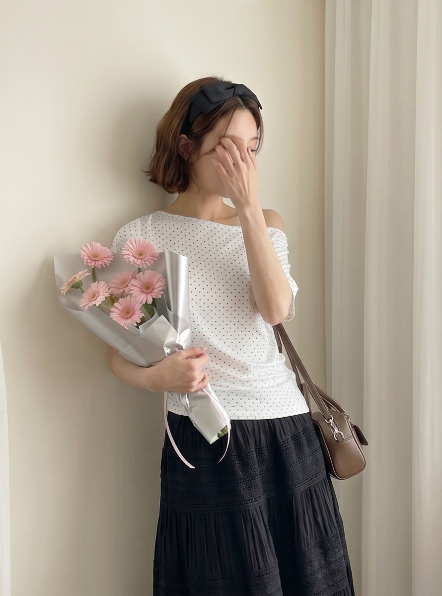 ドレープオフショルダー半袖ドットTシャツ | 詳細画像21