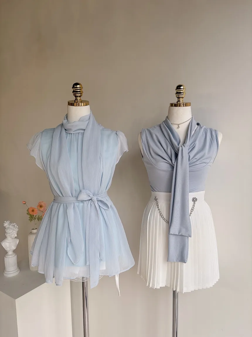 シフォンリボン(固定)ホルターネックギャザー無地ノースリブラウスストラップ付 | mirangmirang | 詳細画像30