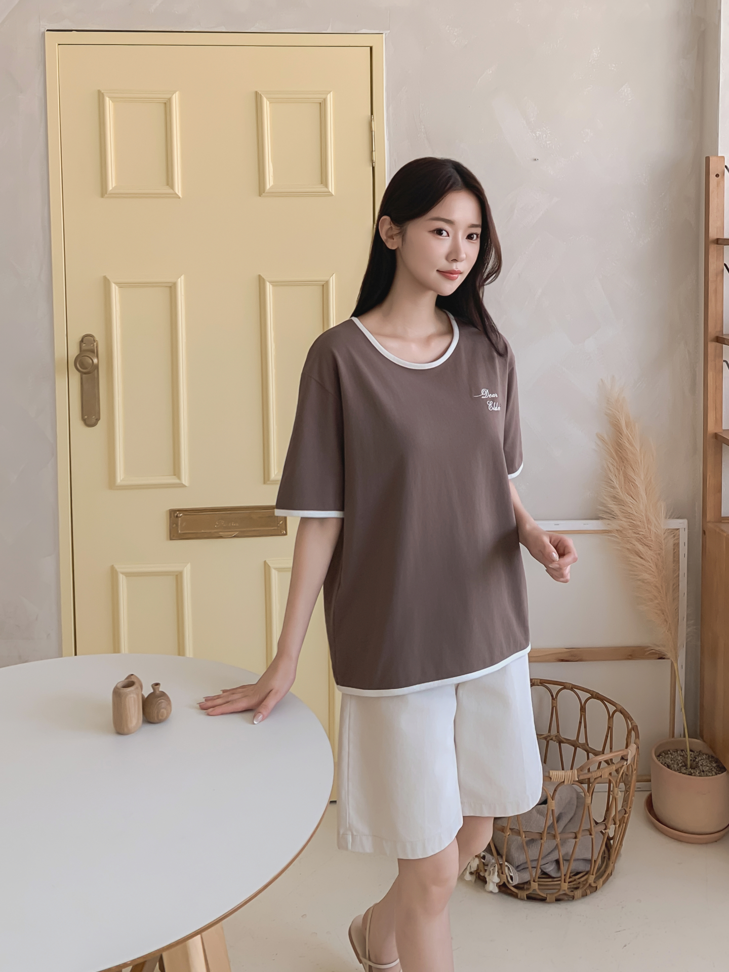 コットンラウンドネック半袖レタリング配色ラインTシャツ | 詳細画像5