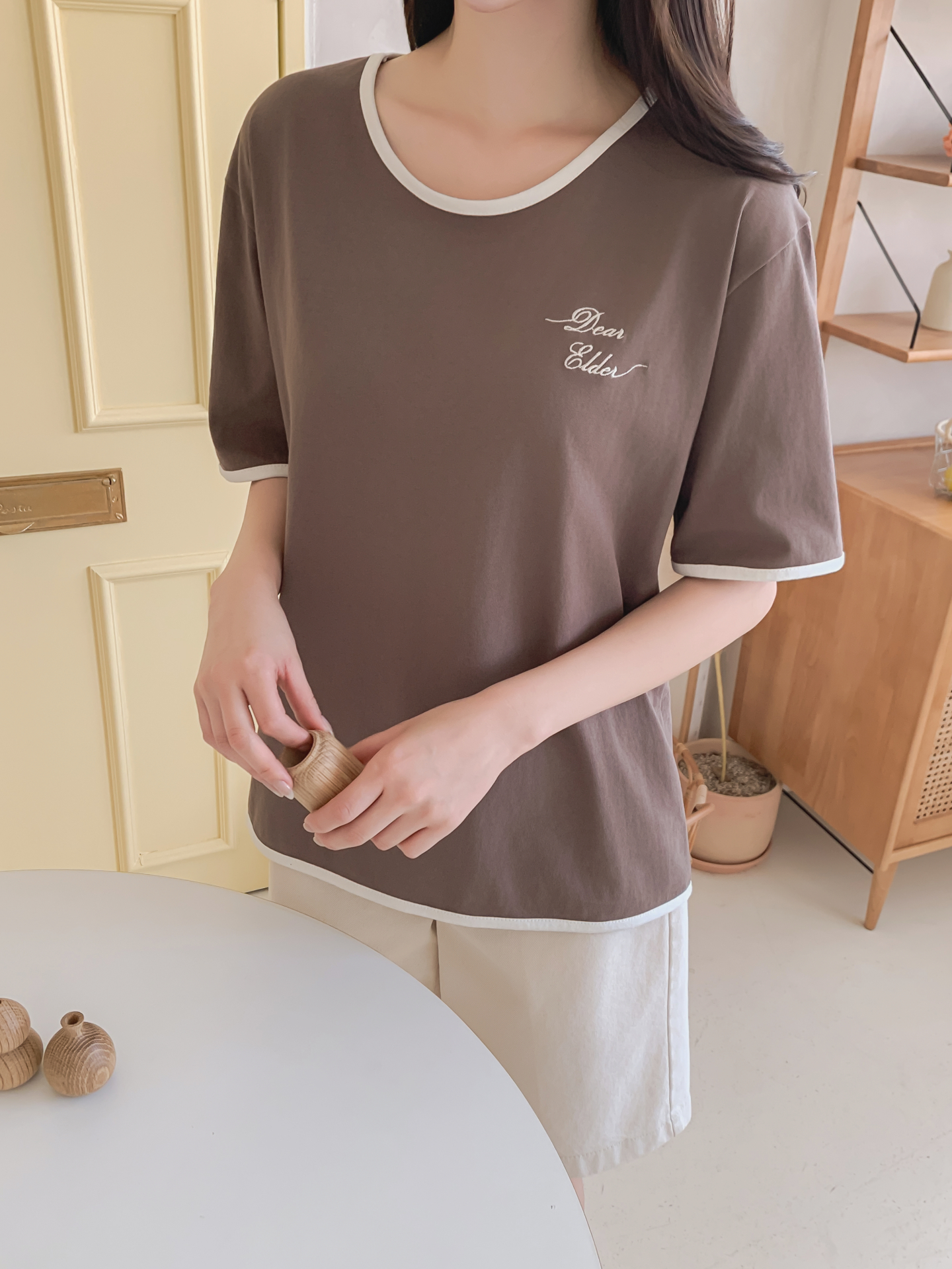 コットンラウンドネック半袖レタリング配色ラインTシャツ | 詳細画像6