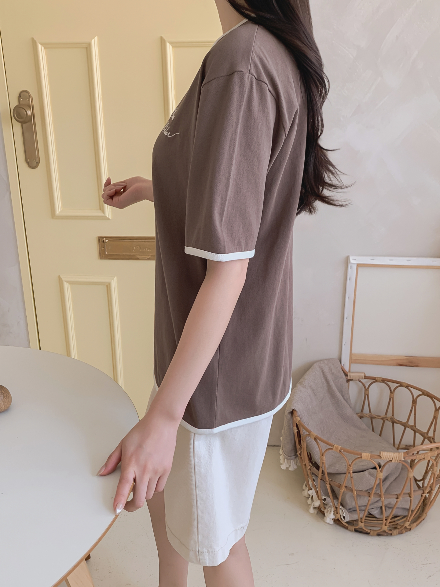 コットンラウンドネック半袖レタリング配色ラインTシャツ | 詳細画像7