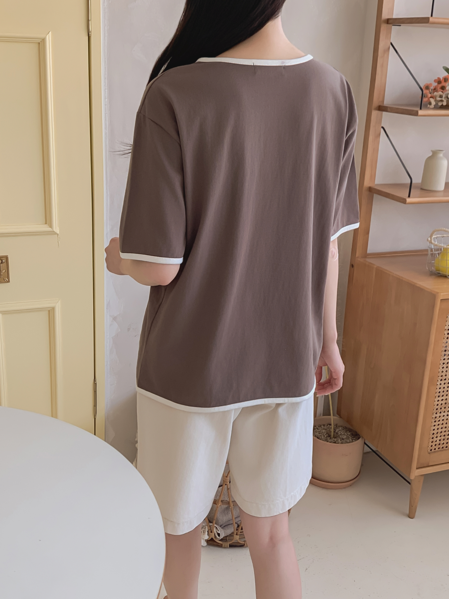 コットンラウンドネック半袖レタリング配色ラインTシャツ | 詳細画像8