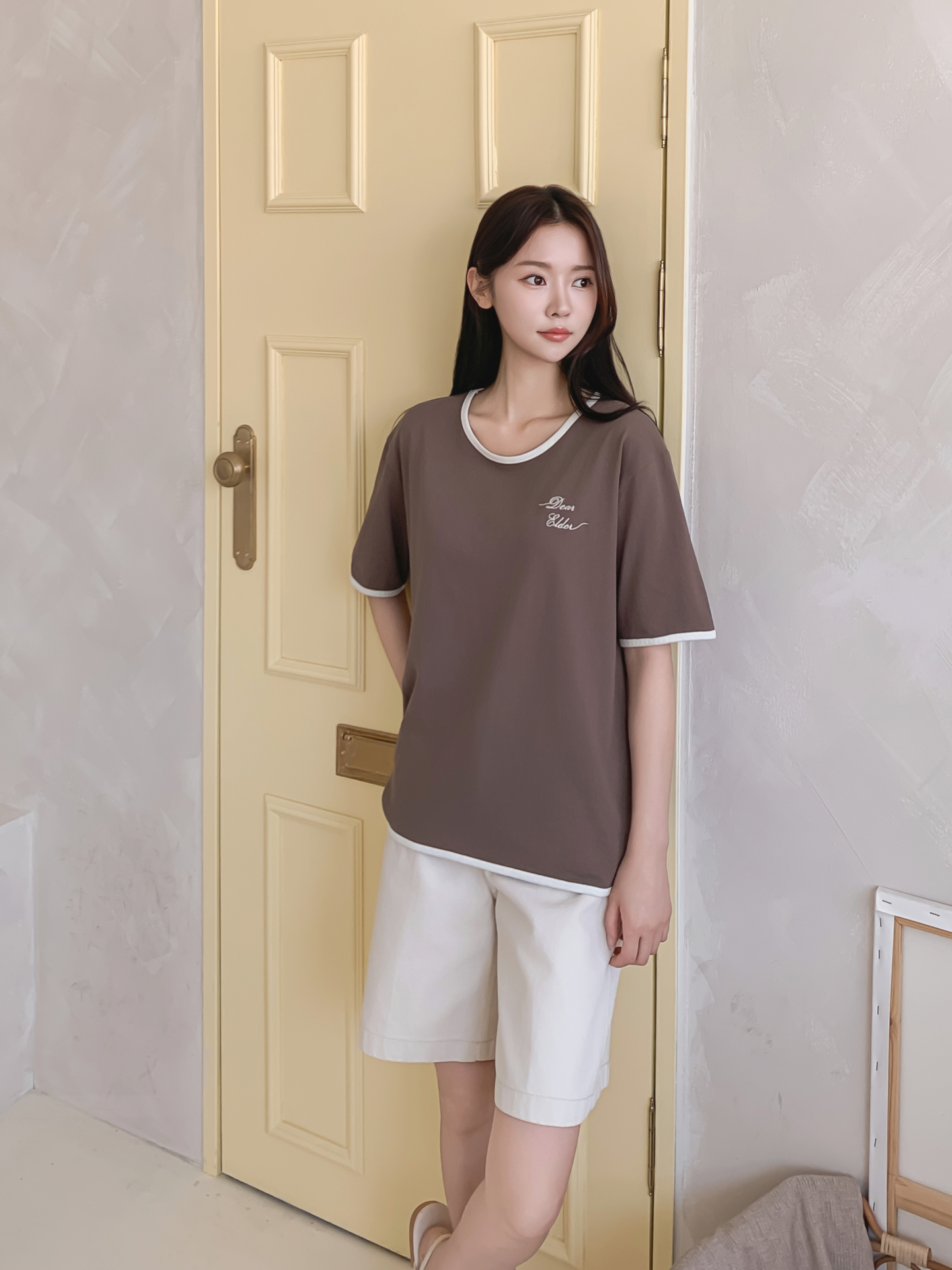 コットンラウンドネック半袖レタリング配色ラインTシャツ | 詳細画像9