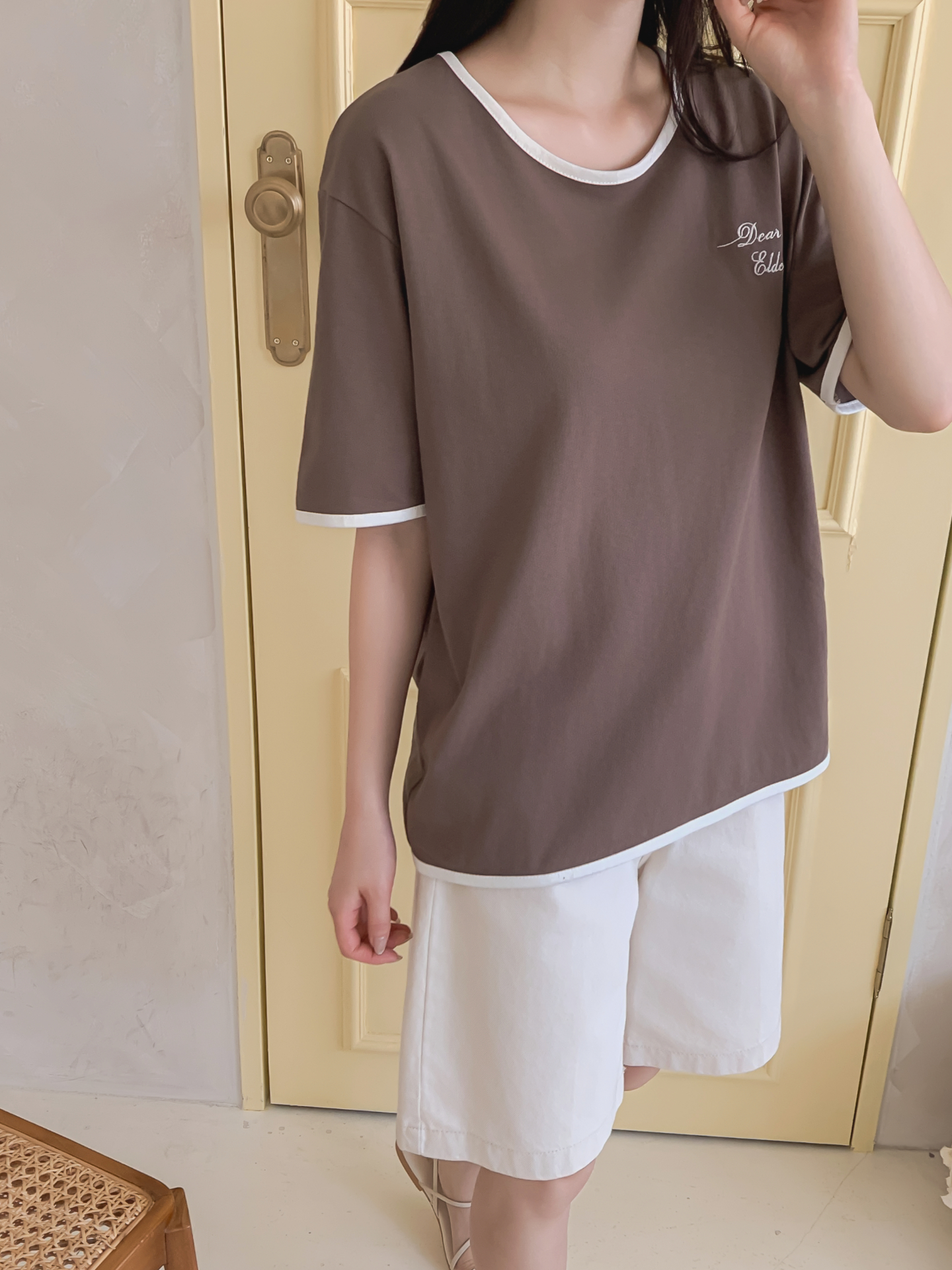 コットンラウンドネック半袖レタリング配色ラインTシャツ | 詳細画像11